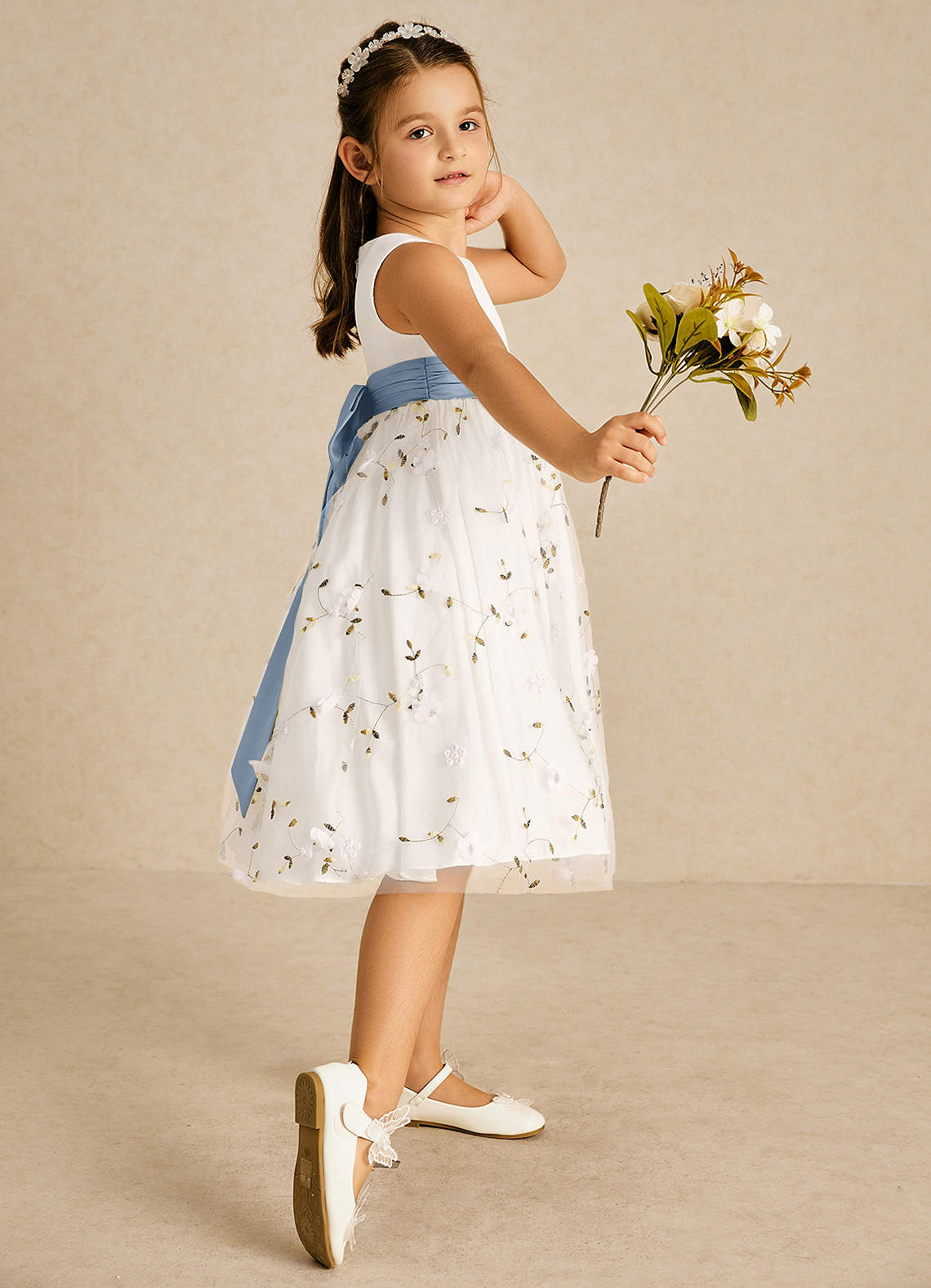 Azazie Pollie Flower Girl Dresses Ivory Dusty Blue A-Line Bow Tulle Dress image2