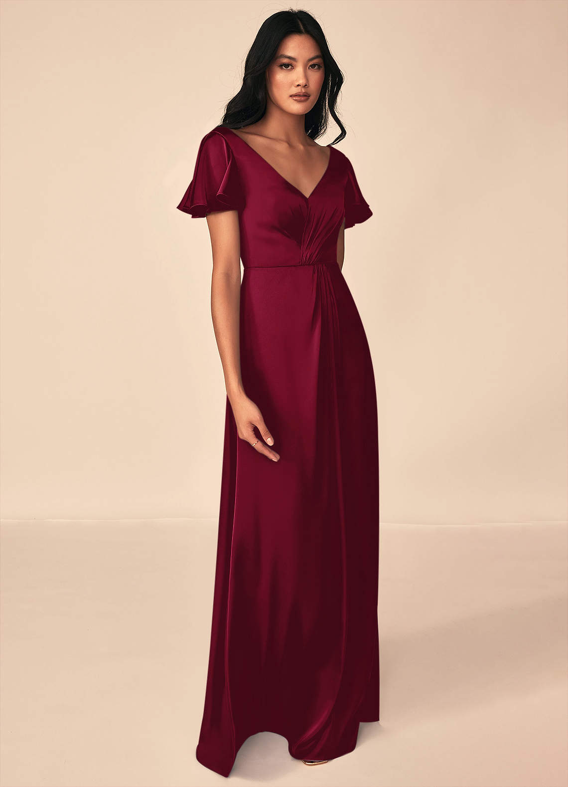 Azazie Soren Bridesmaid Dresses Burgundy A-Line Pleated Stretch Satin Dress image3