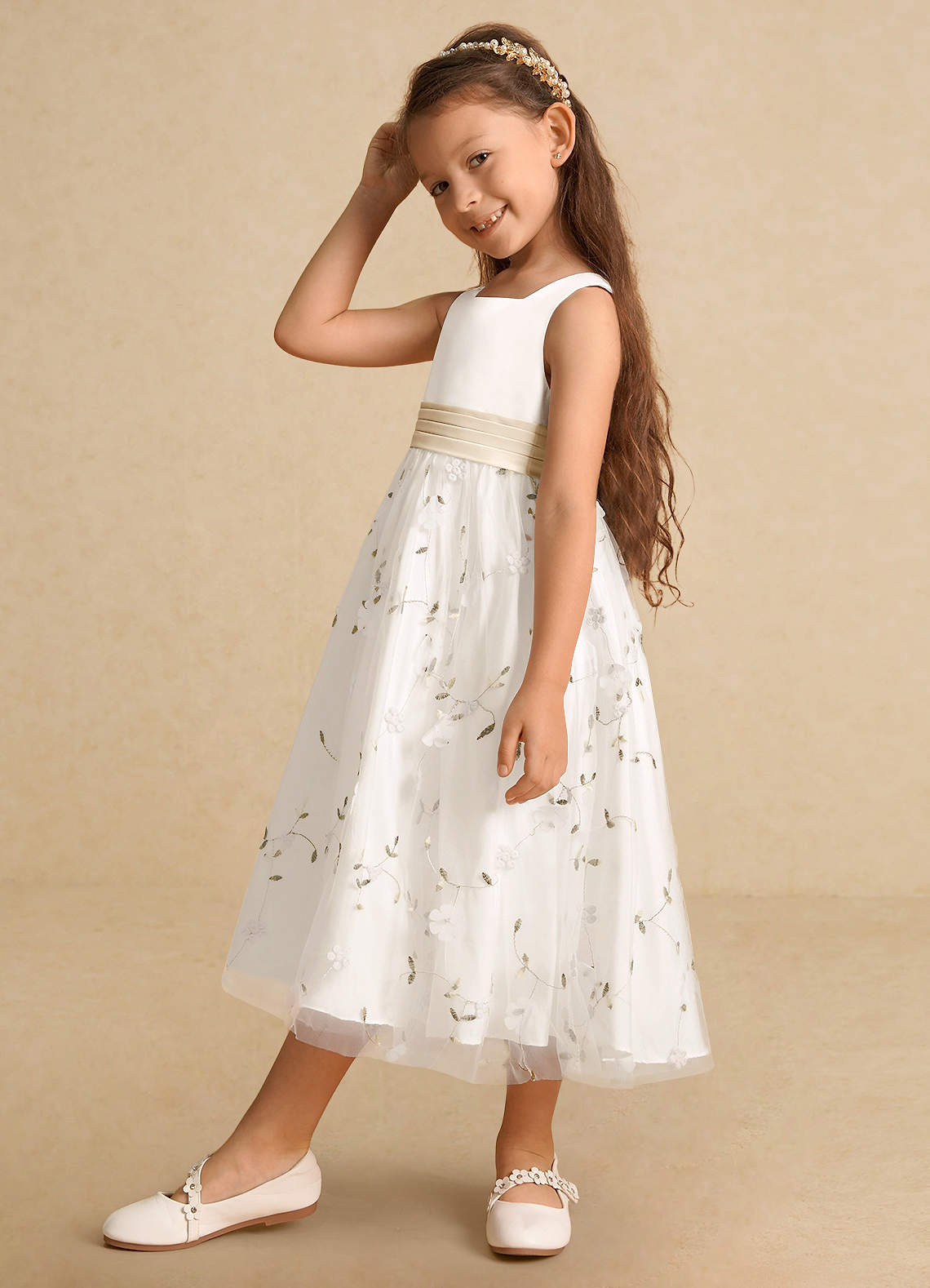 Azazie Pollie Flower Girl Dresses Ivory Champagne A-Line Bow Tulle Dress image7