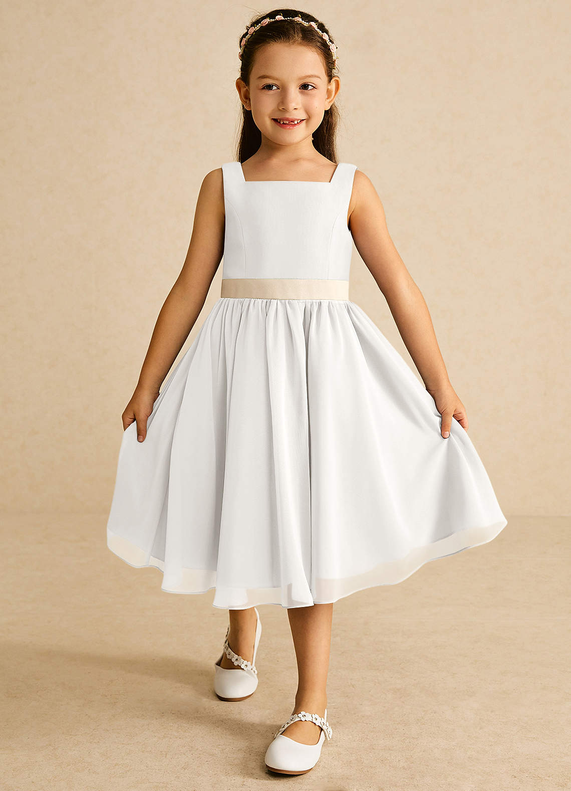 Azazie Elina Flower Girl Dresses Ivory Champagne A-Line Sleeveless Chiffon Dress image1