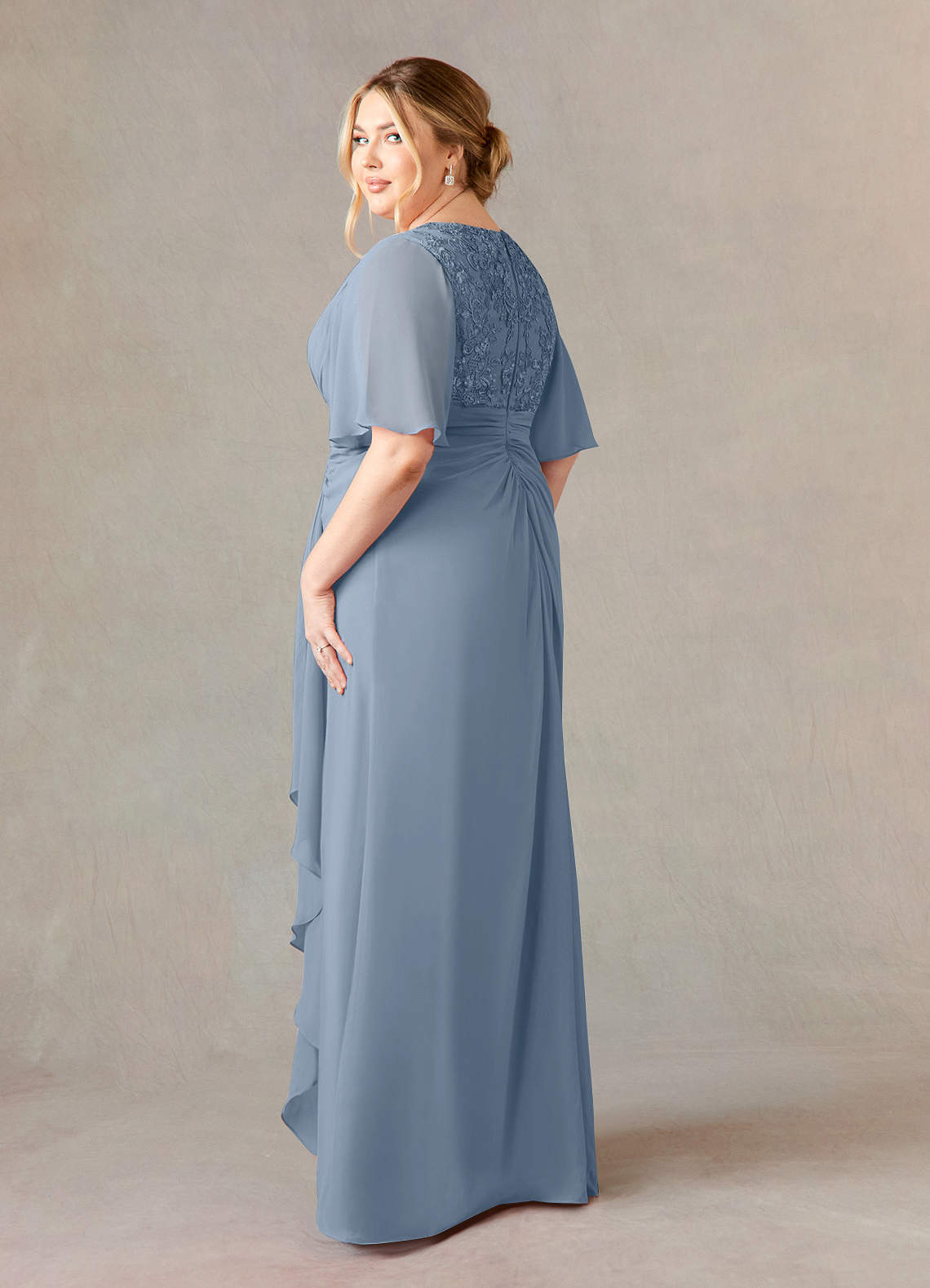 Azazie Carson Mother of the Bride Dresses Dusty Blue A-Line V-Neck Lace Chiffon Dress image8