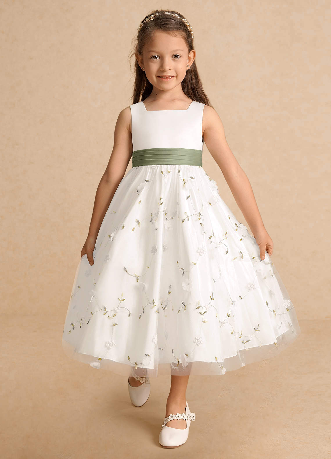 Azazie Pollie Flower Girl Dresses Ivory Pistachio A-Line Bow Tulle Dress image9