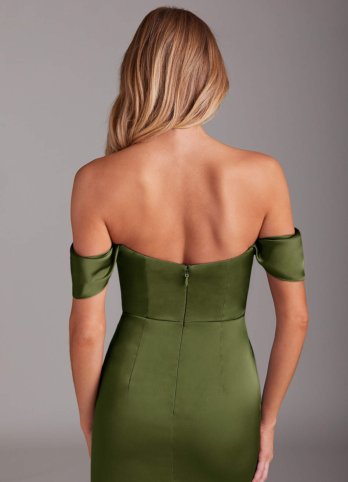 Azazie Saige Bridesmaid Dresses Olive Sheath Off the Shoulder Stretch Satin Dress image8