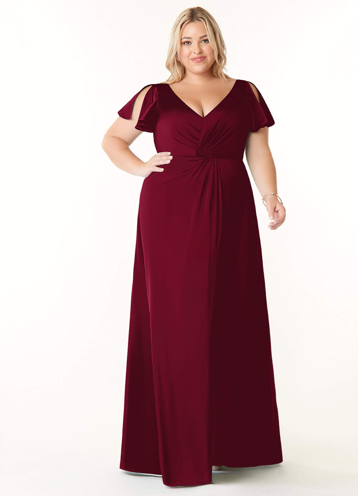 Azazie Soren Bridesmaid Dresses Burgundy A-Line Pleated Stretch Satin Dress image7