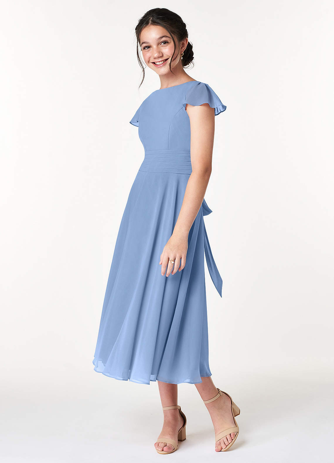 Azazie Payton Junior Steel Blue A-Line Bow Chiffon Dress image4