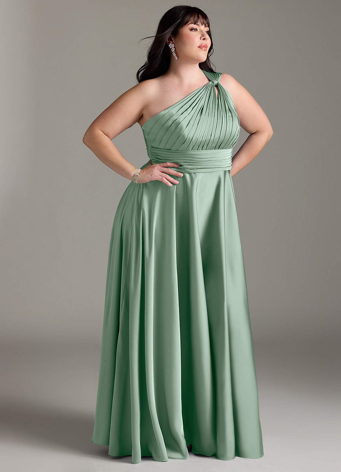 Azazie Charlize At-home Try On Dresses Agave A-Line One Shoulder Stretch Satin Dress image11
