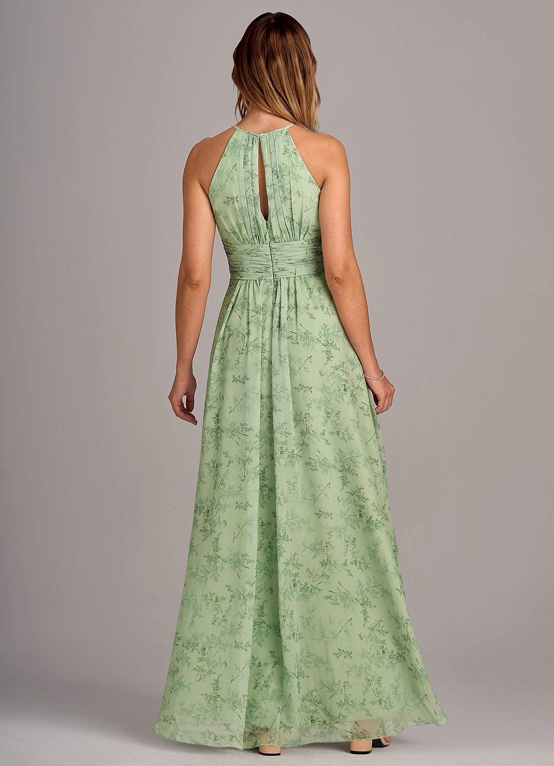 Azazie Bonnie Bridesmaid Dresses Green Fern Floral A-Line Keyhole Ruched Chiffon Dress image1