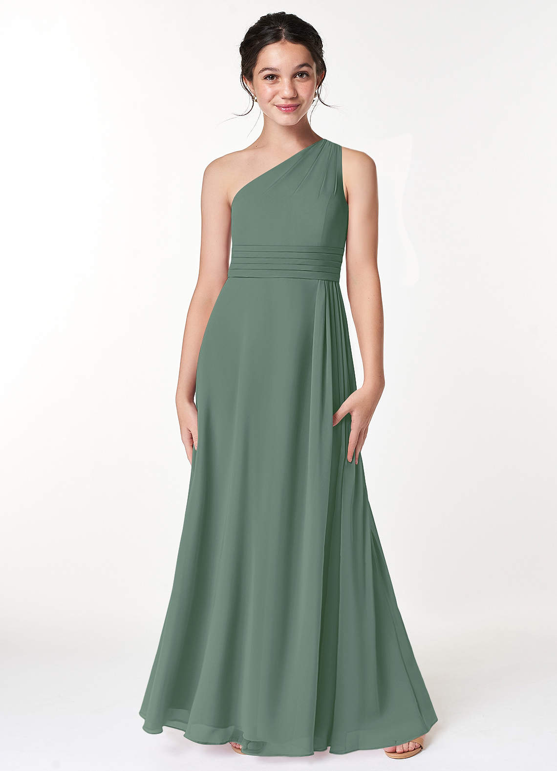 Azazie Cleo Junior Eucalyptus A-Line Pleated Chiffon Dress image2