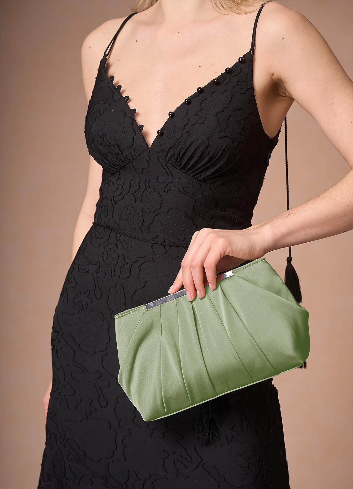 front Matching Color Stretch Satin Pleated Clutch
