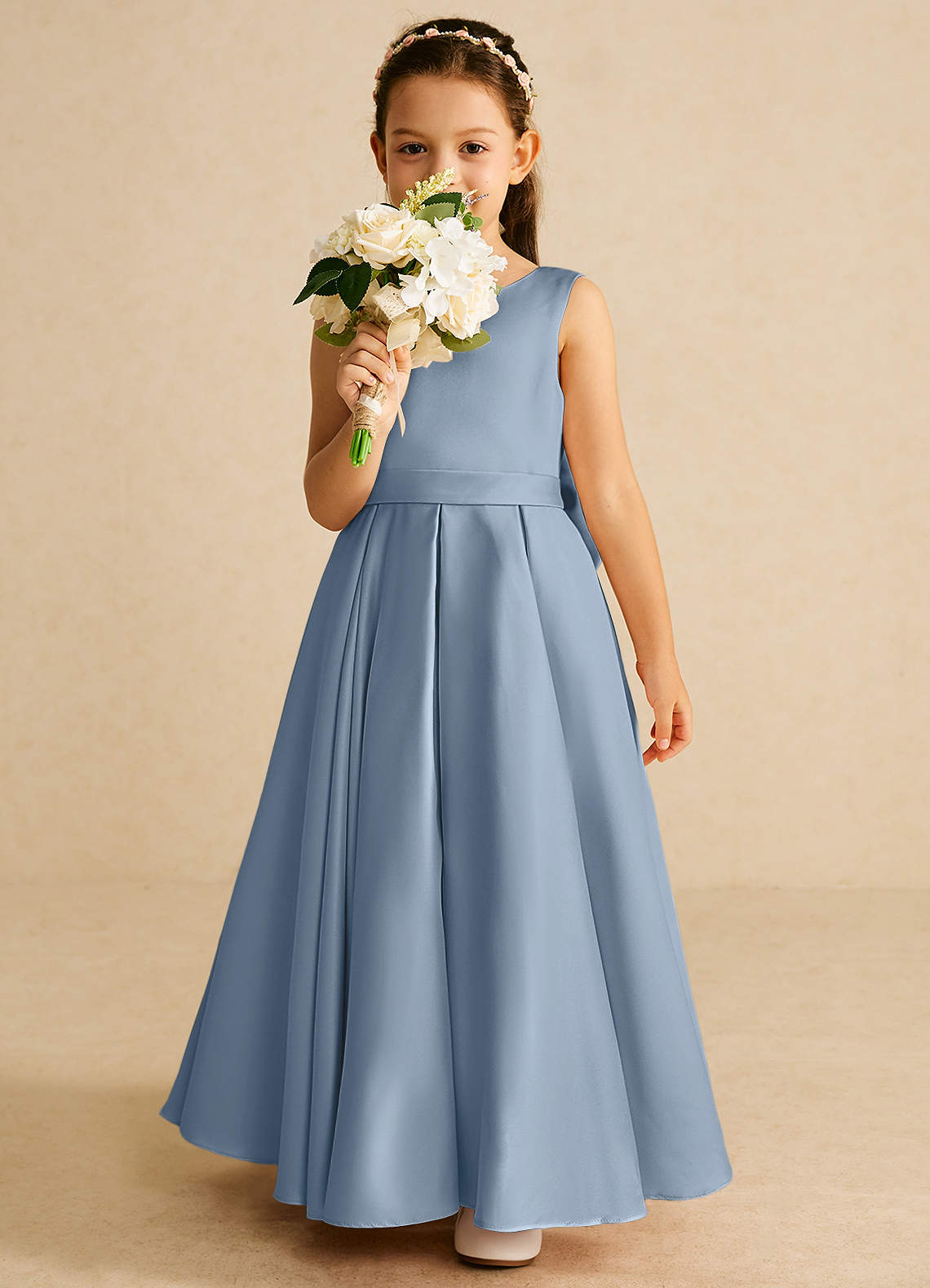 Azazie Pipsy Flower Girl Dresses Dusty Blue A-Line Bow Matte Satin Dress image4