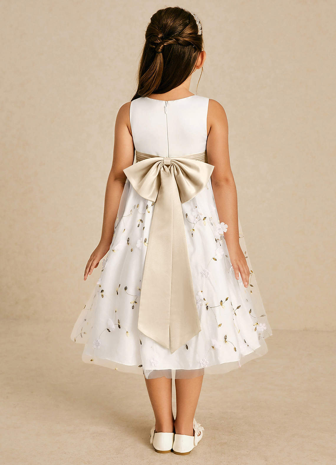 Azazie Pollie Flower Girl Dresses Ivory Champagne A-Line Bow Tulle Dress image1