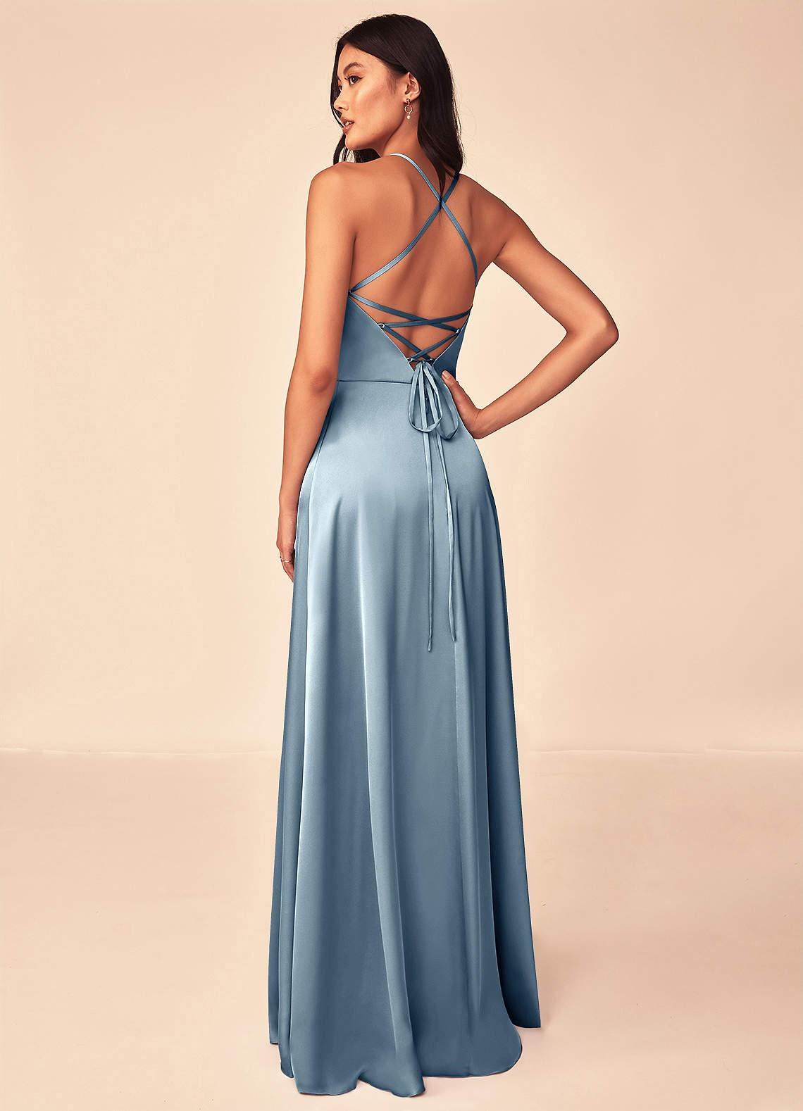 Azazie Mei Bridesmaid Dresses Dusty Blue A-Line V-Neck Stretch Satin Dress image1