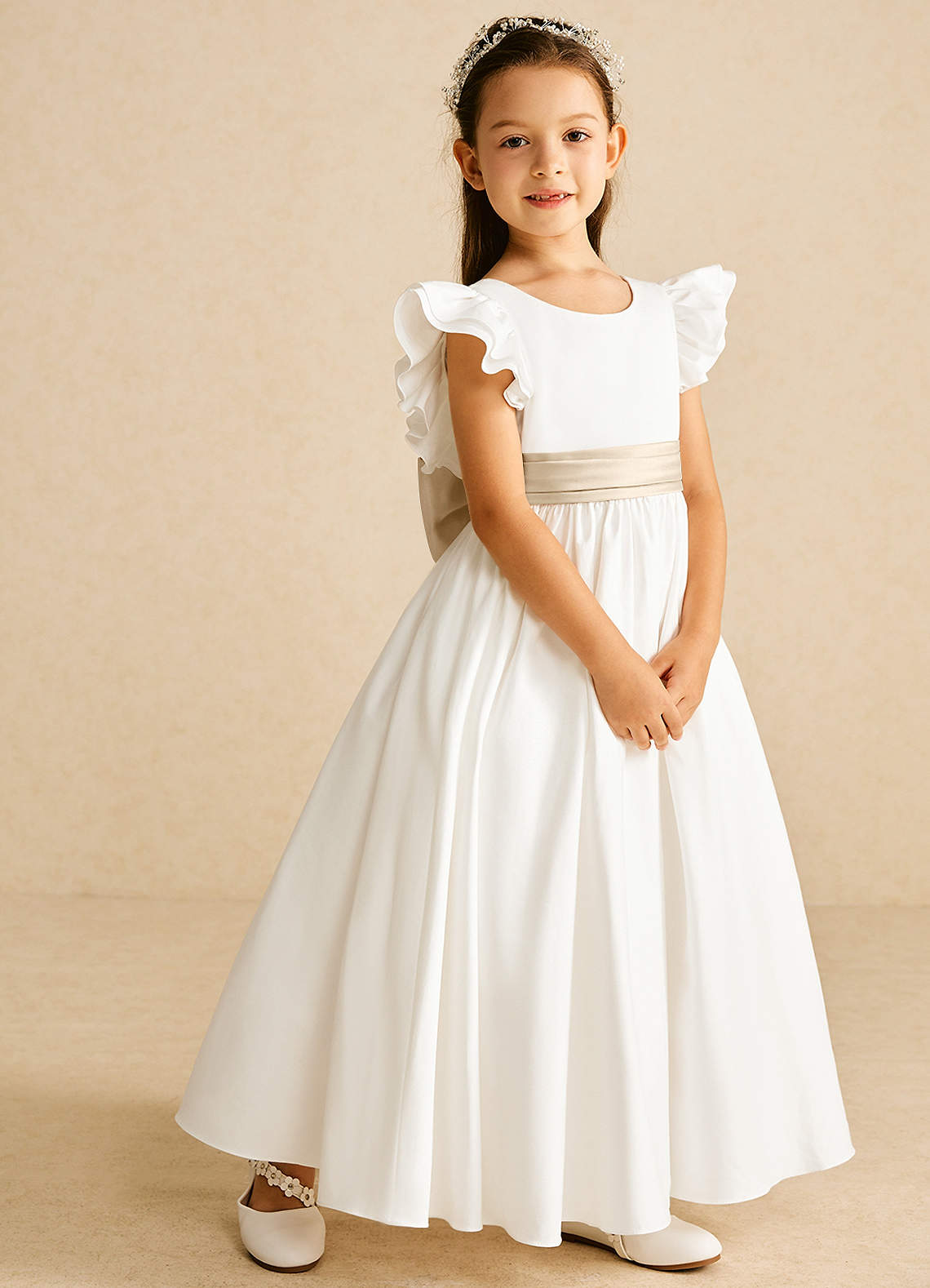 Azazie Aero Flower Girl Dresses Ivory Champagne A-Line Pleated Cotton Dress image4