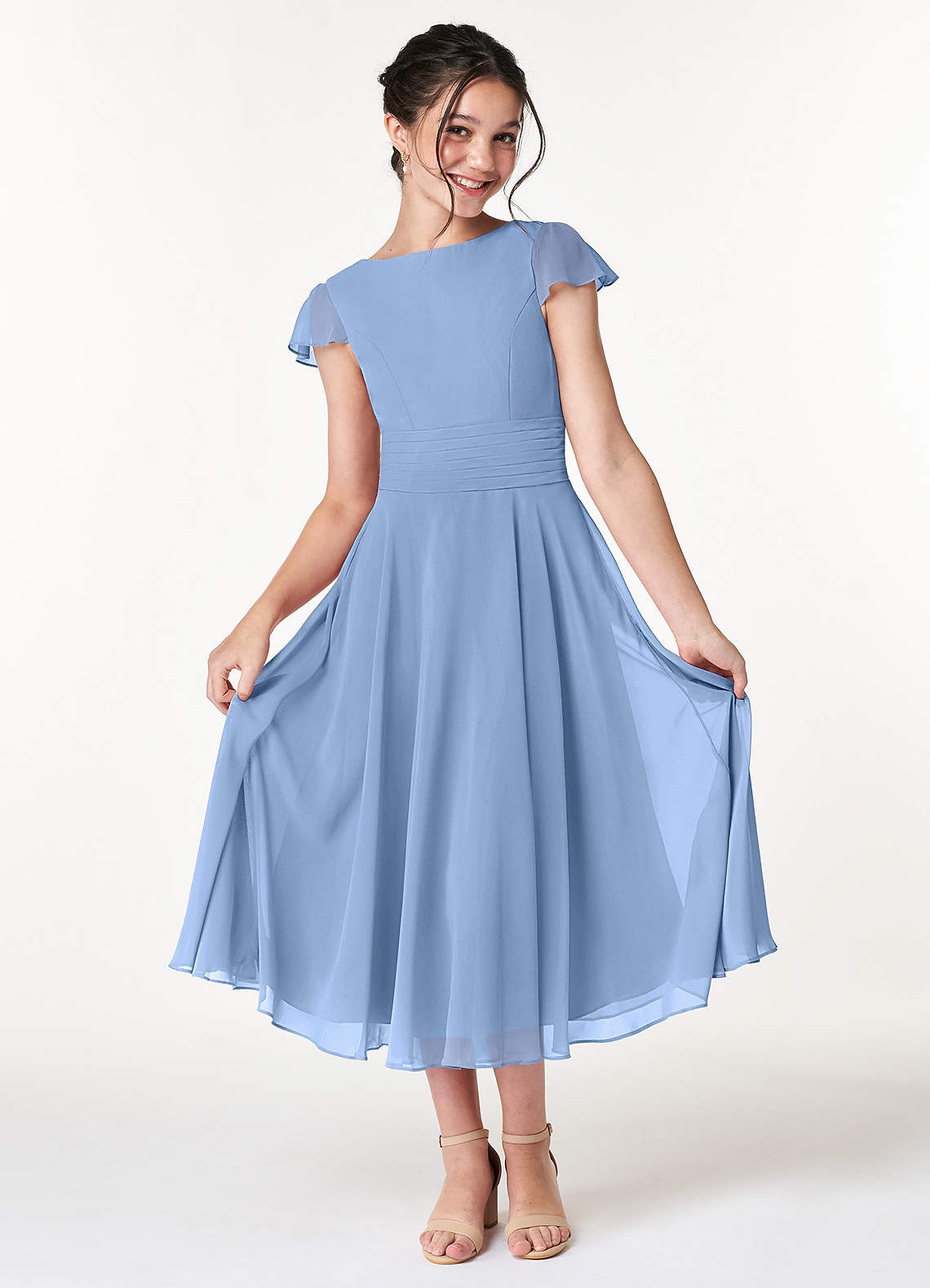 Azazie Payton Junior Steel Blue A-Line Bow Chiffon Dress image2