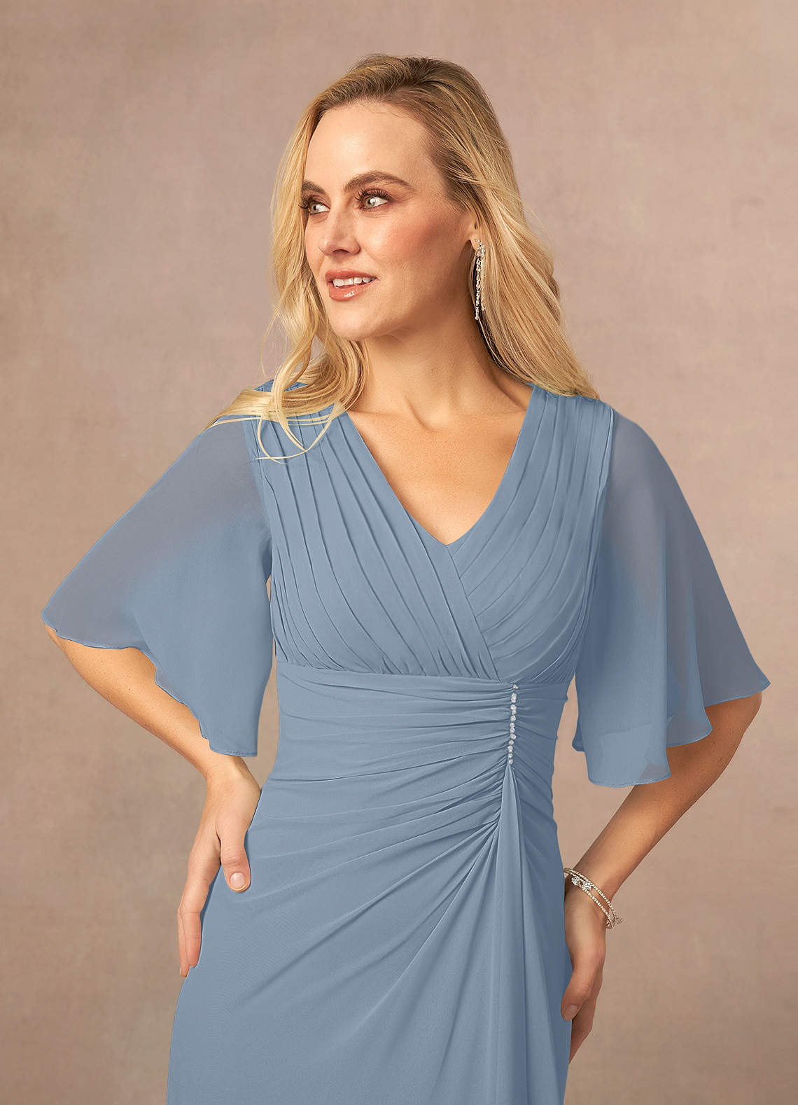Azazie Carson Mother of the Bride Dresses Dusty Blue A-Line V-Neck Lace Chiffon Dress image3