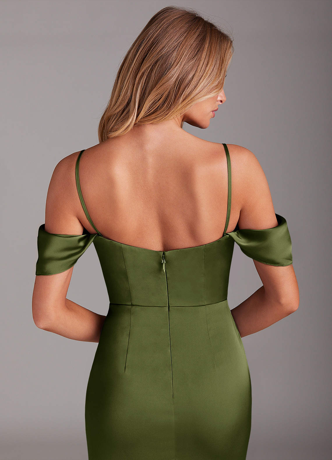 Azazie Saige Bridesmaid Dresses Olive Sheath Off the Shoulder Stretch Satin Dress image7
