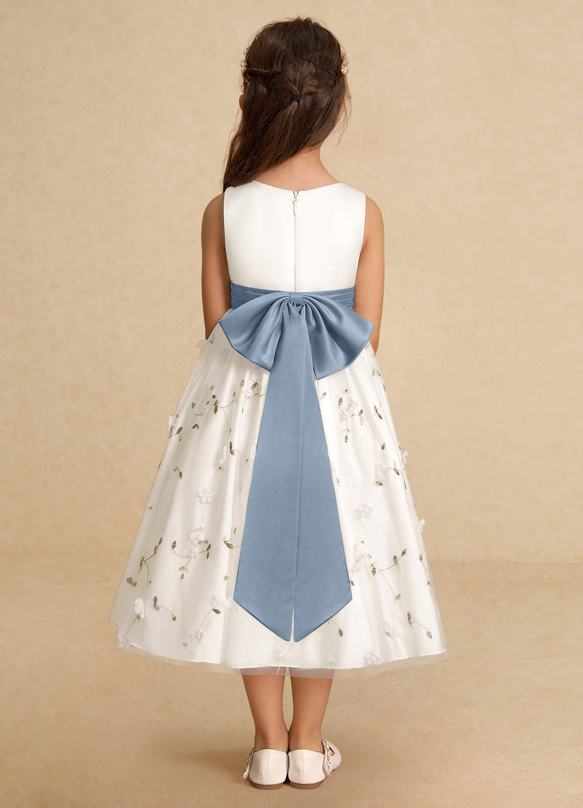 Azazie Pollie Flower Girl Dresses Ivory Dusty Blue A-Line Bow Tulle Dress image5