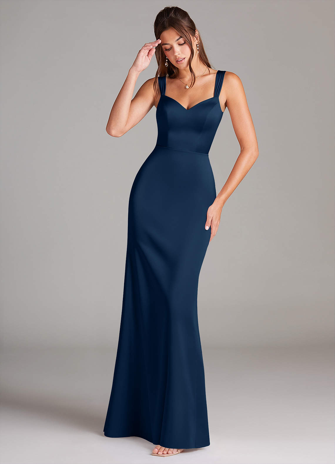 Azazie Denice Bridesmaid Dresses Dark Navy Sheath Pleated Stretch Satin Dress image1