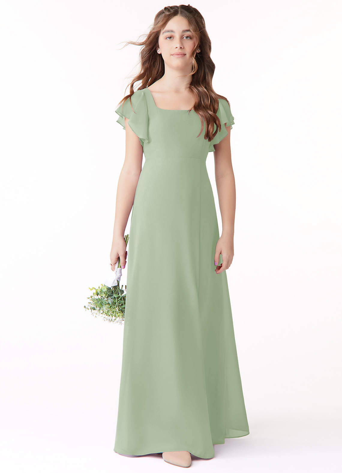 Azazie Bondi Junior Dusty Sage A-Line Bow Chiffon Dress image1