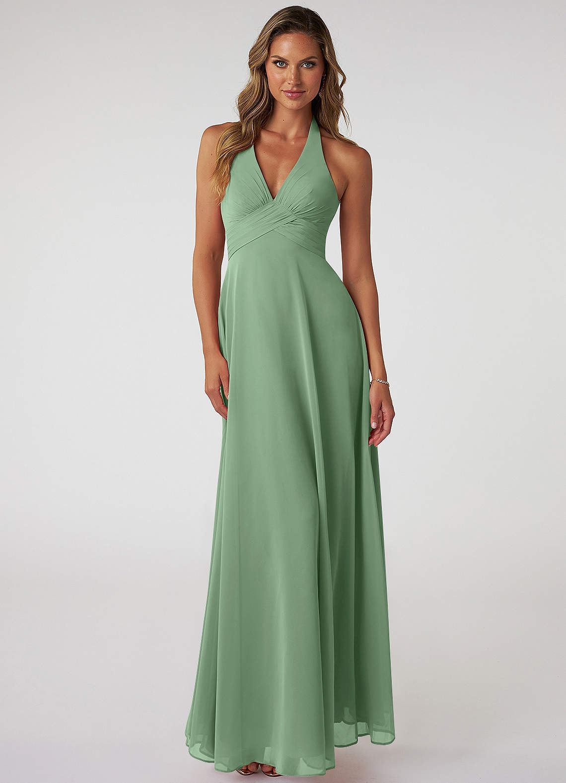 Azazie Tessie At-home Try On Dresses Matcha A-Line V-Neck Pleated Chiffon Dress image1