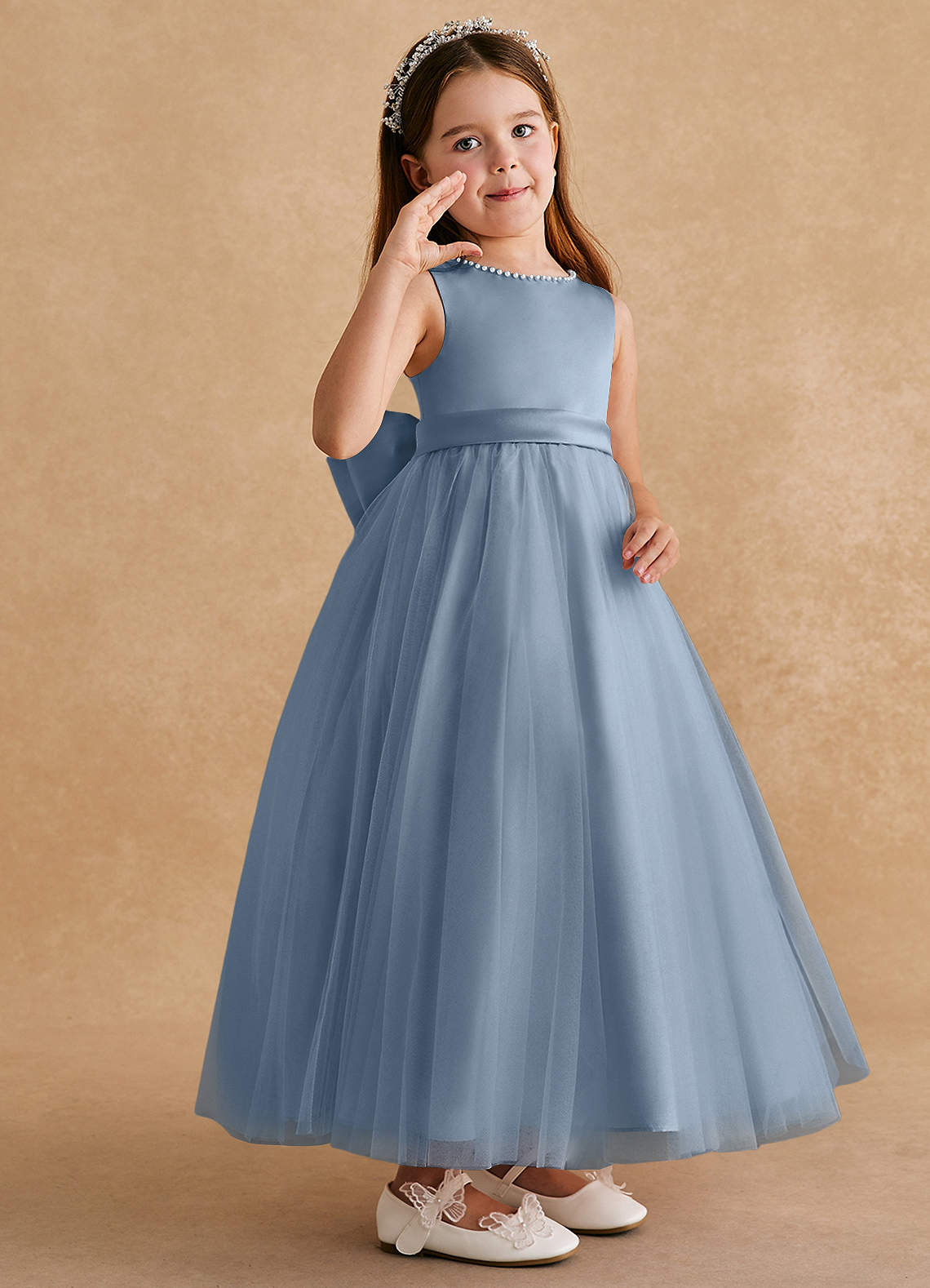 Azazie Cookie Flower Girl Dresses Dusty Blue A-Line Bow Tulle Dress image1