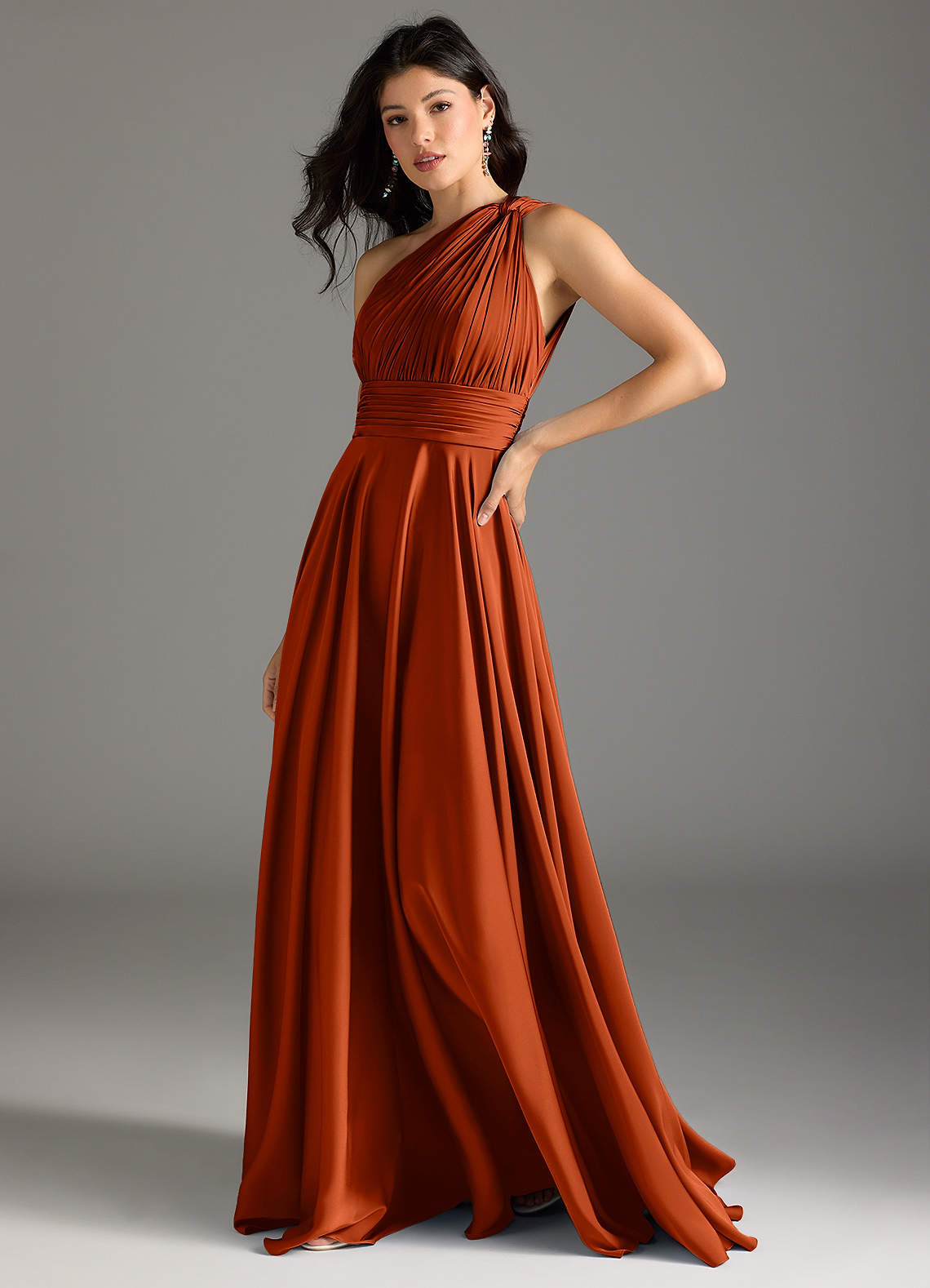 Azazie Charlize Bridesmaid Dresses Paprika A-Line One Shoulder Stretch Satin Dress image3