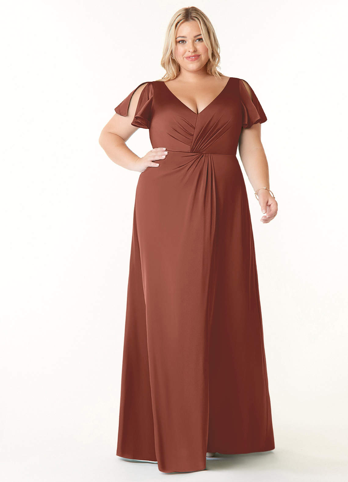 Azazie Soren At-home Try On Dresses Auburn A-Line Pleated Stretch Satin Dress image7