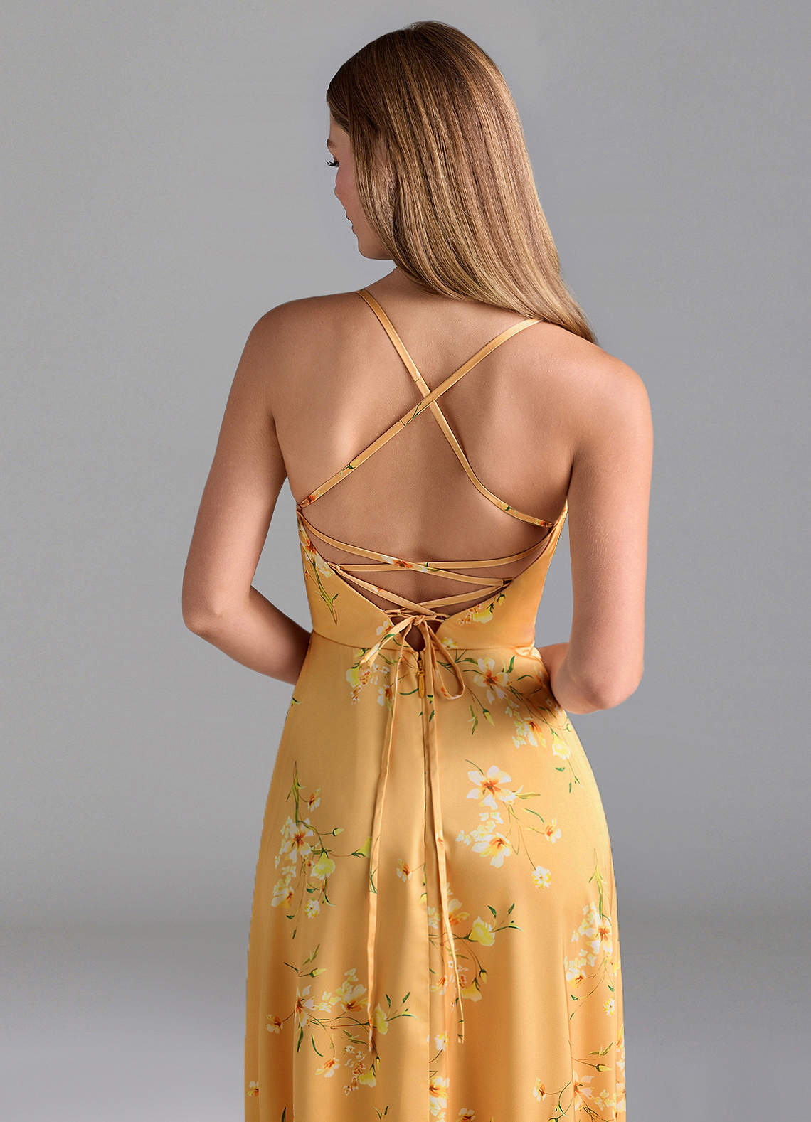 Azazie Mei Bridesmaid Dresses Golden Blooms A-Line V-Neck Stretch Satin Dress image5