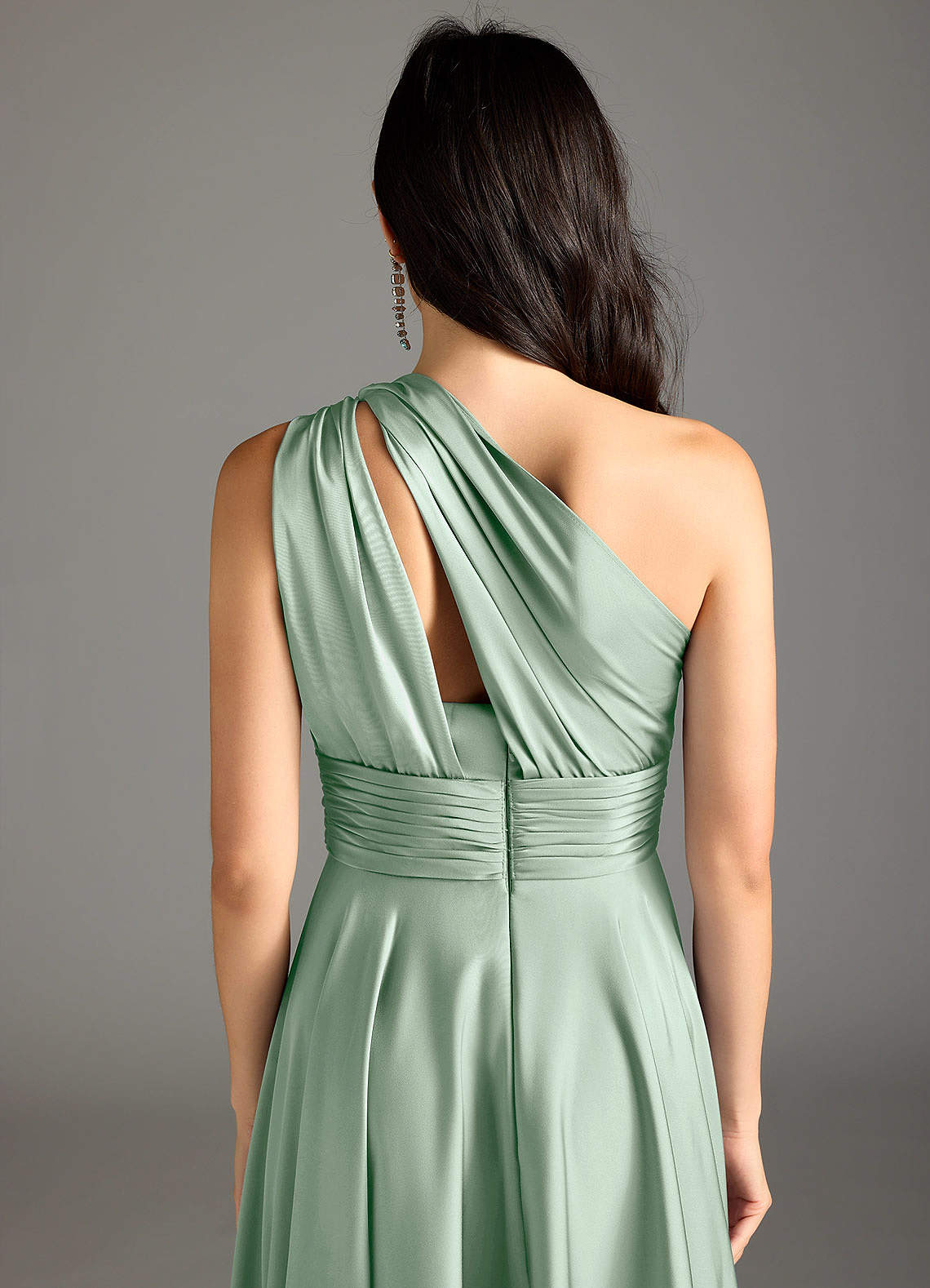 Azazie Charlize At-home Try On Dresses Agave A-Line One Shoulder Stretch Satin Dress image7