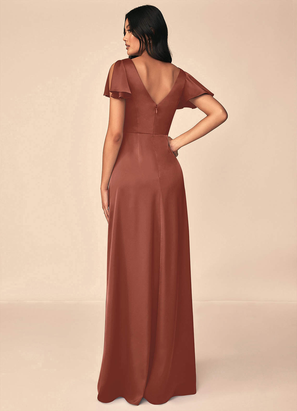 Azazie Soren At-home Try On Dresses Auburn A-Line Pleated Stretch Satin Dress image1