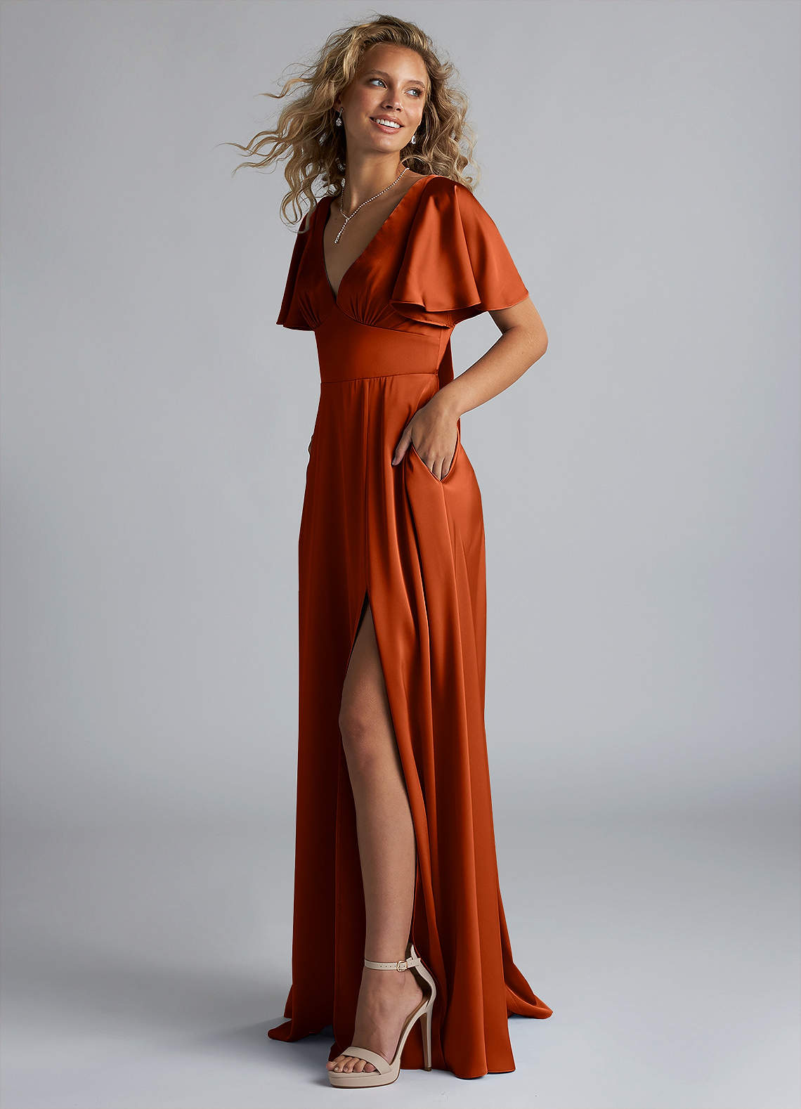 Azazie Kimber Bridesmaid Dresses Paprika A-Line Ruched Stretch Satin Dress image5