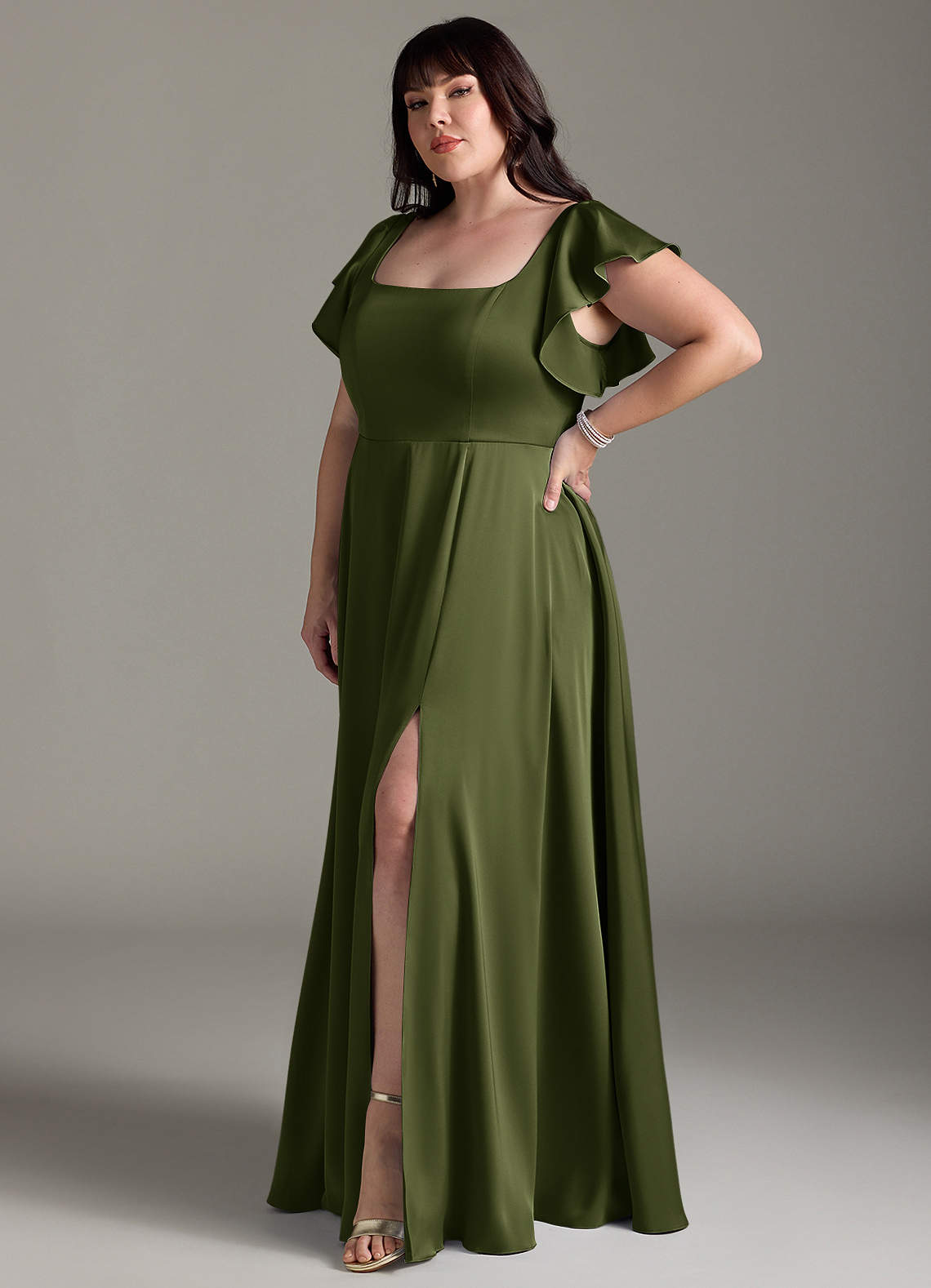 Azazie Bondi Bridesmaid Dresses Olive A-Line Bow Stretch Satin Dress image8