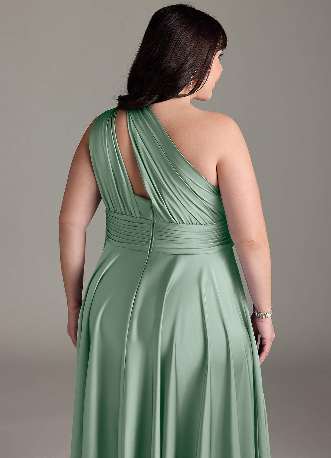 Azazie Charlize At-home Try On Dresses Agave A-Line One Shoulder Stretch Satin Dress image15
