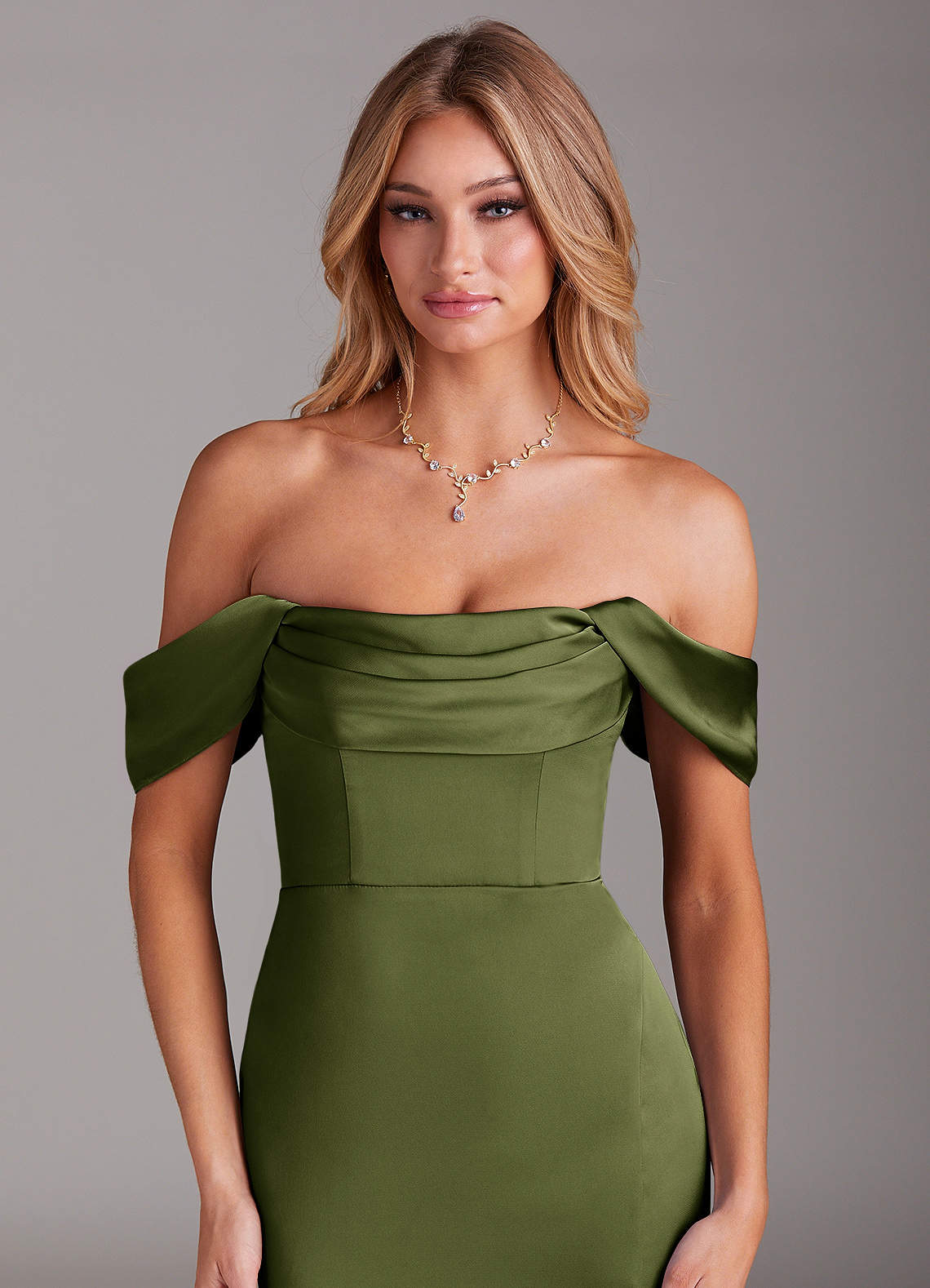 Azazie Saige Bridesmaid Dresses Olive Sheath Off the Shoulder Stretch Satin Dress image6