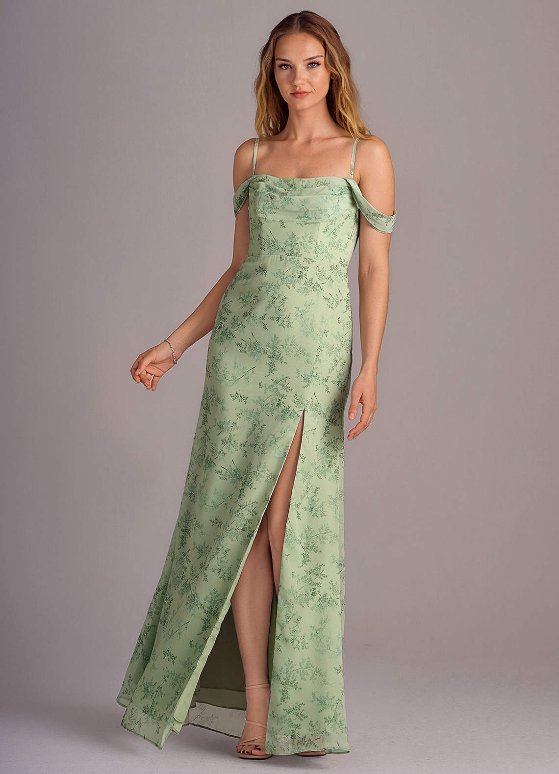 Azazie Saige Bridesmaid Dresses Green Fern Floral A-Line Off the Shoulder Chiffon Convertible Dress image4