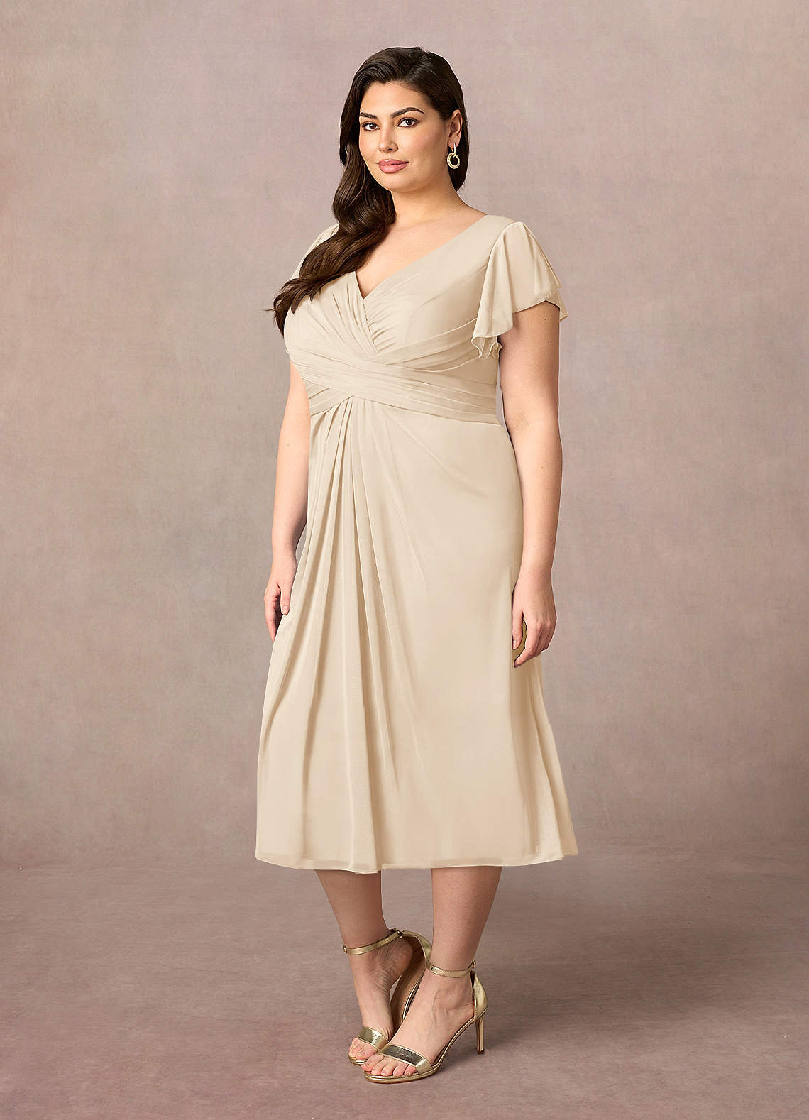 Azazie Vera Mother of the Bride Dresses Champagne A-Line V-Neck Pleated Mesh Dress image6