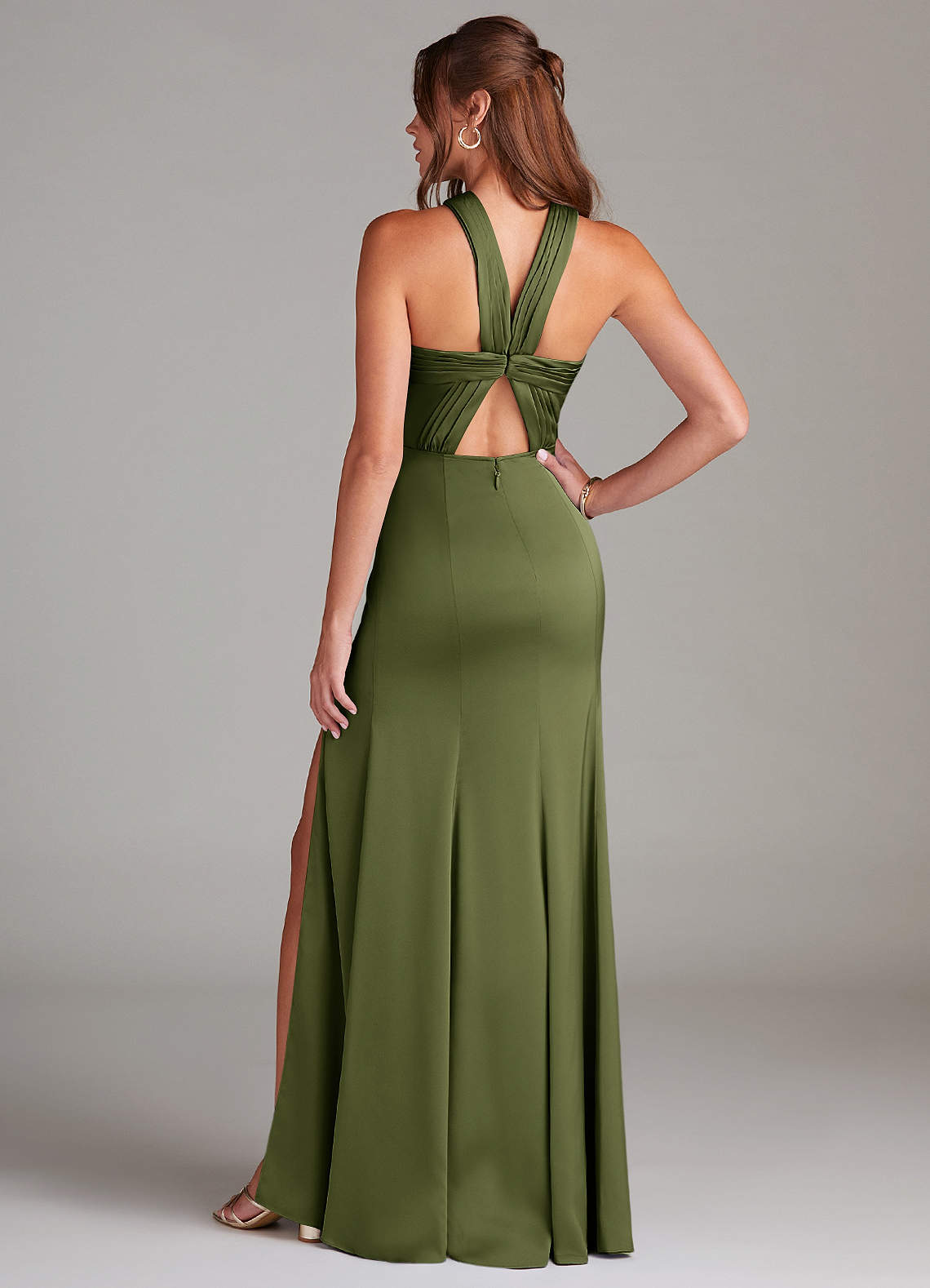Azazie Rue Bridesmaid Dresses Olive A-Line Pleated Stretch Satin Dress image6