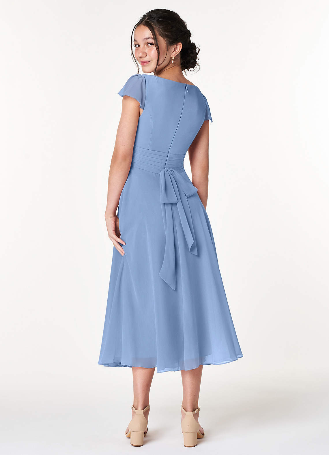 Azazie Payton Junior Steel Blue A-Line Bow Chiffon Dress image1