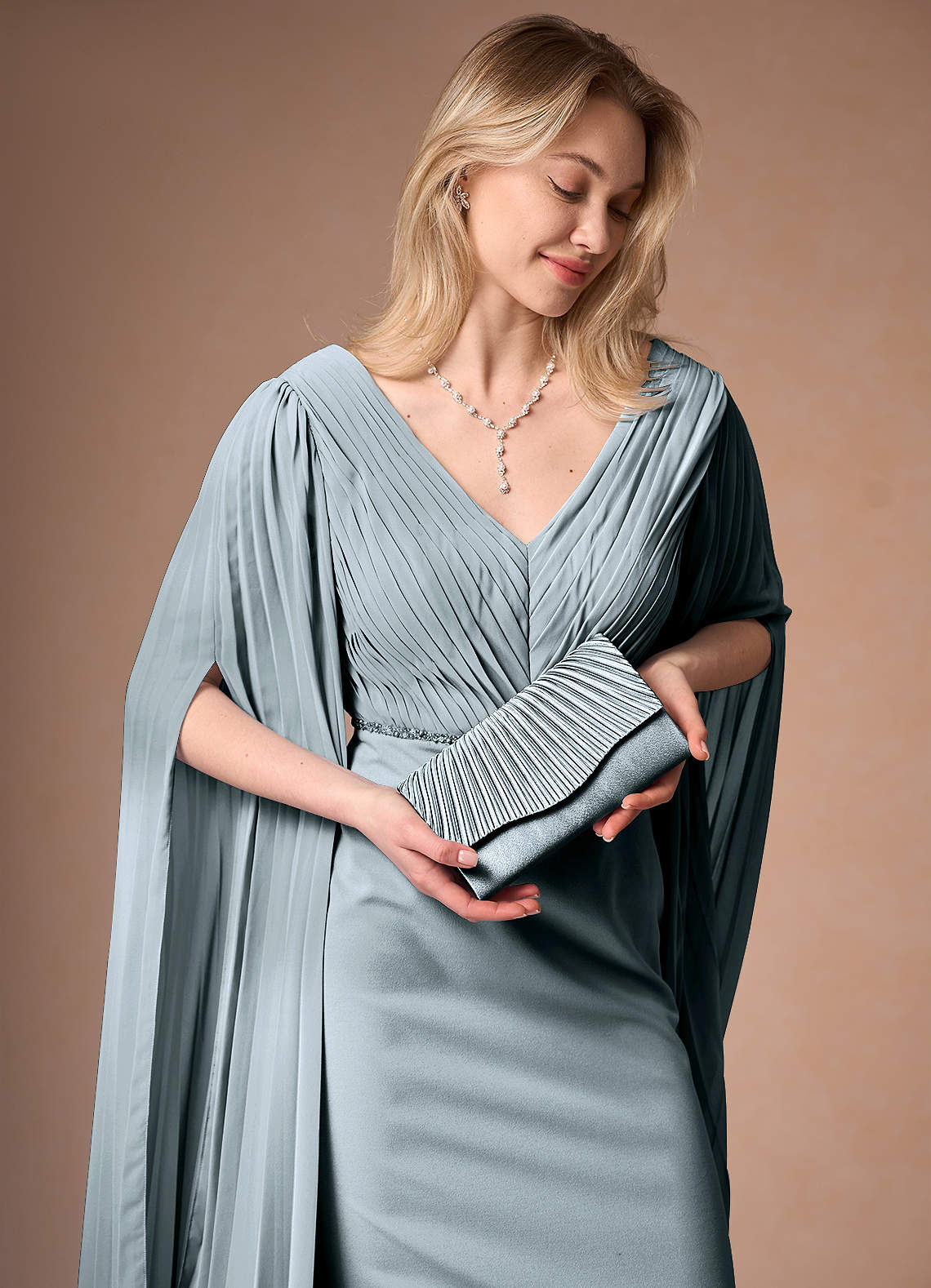front Matching Color Pleated Metallic Satin Envelope Clutch