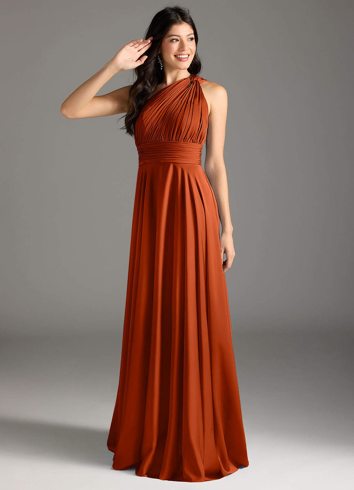 Azazie Charlize Bridesmaid Dresses Paprika A-Line One Shoulder Stretch Satin Dress image1