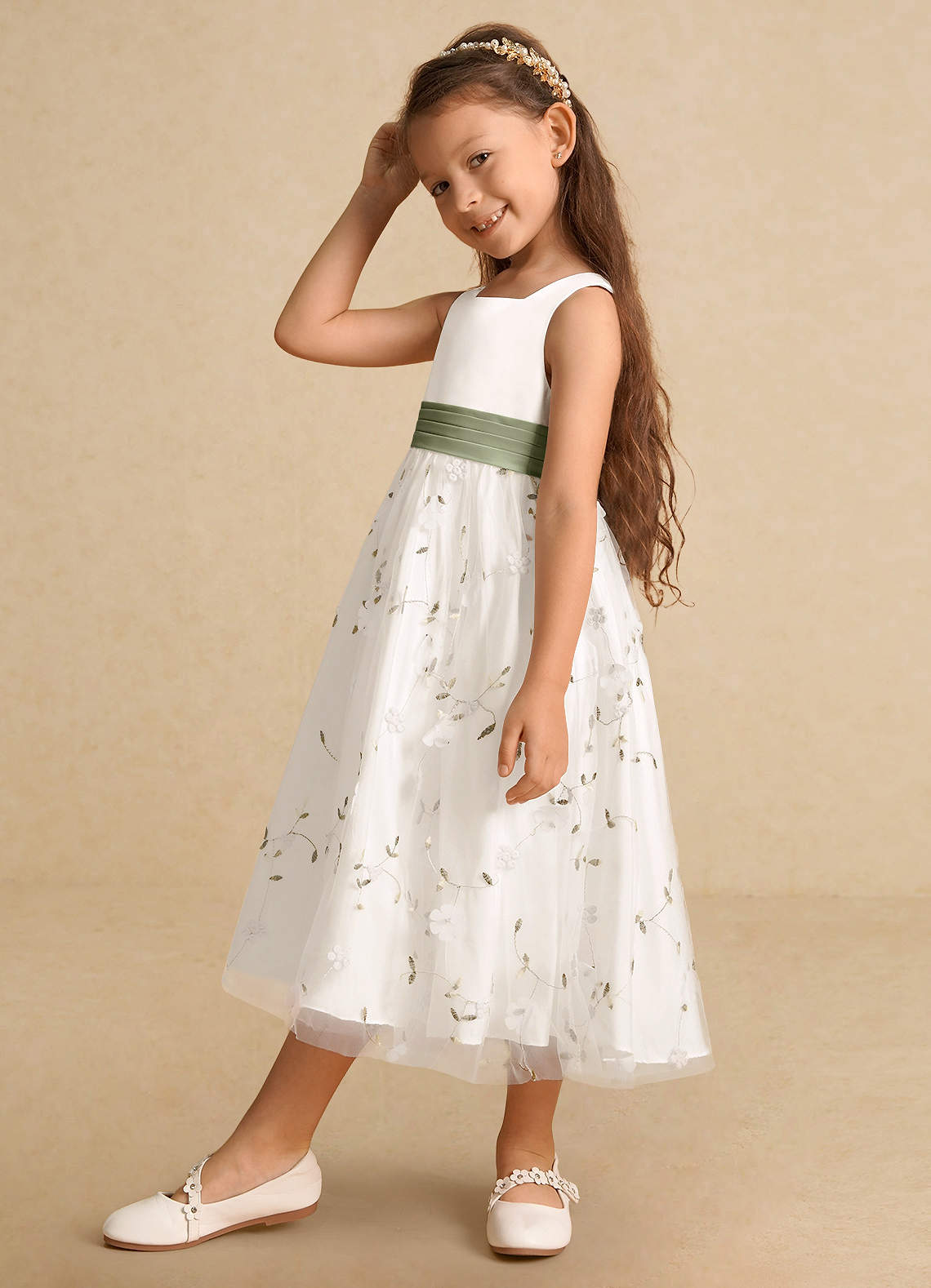 Azazie Pollie Flower Girl Dresses Ivory Pistachio A-Line Bow Tulle Dress image7