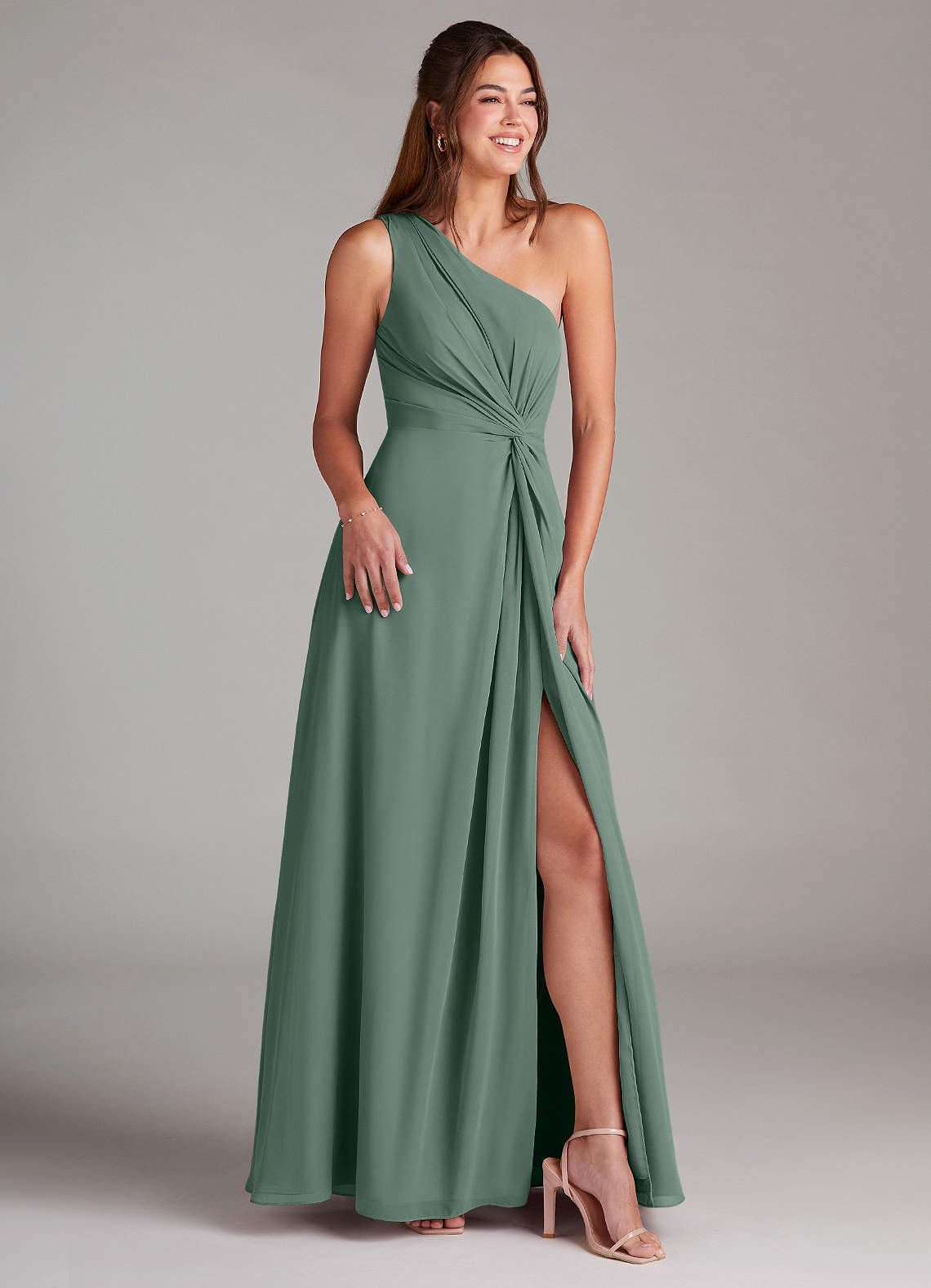 Azazie Brooke Bridesmaid Dresses Eucalyptus A-Line One Shoulder Chiffon Dress image3