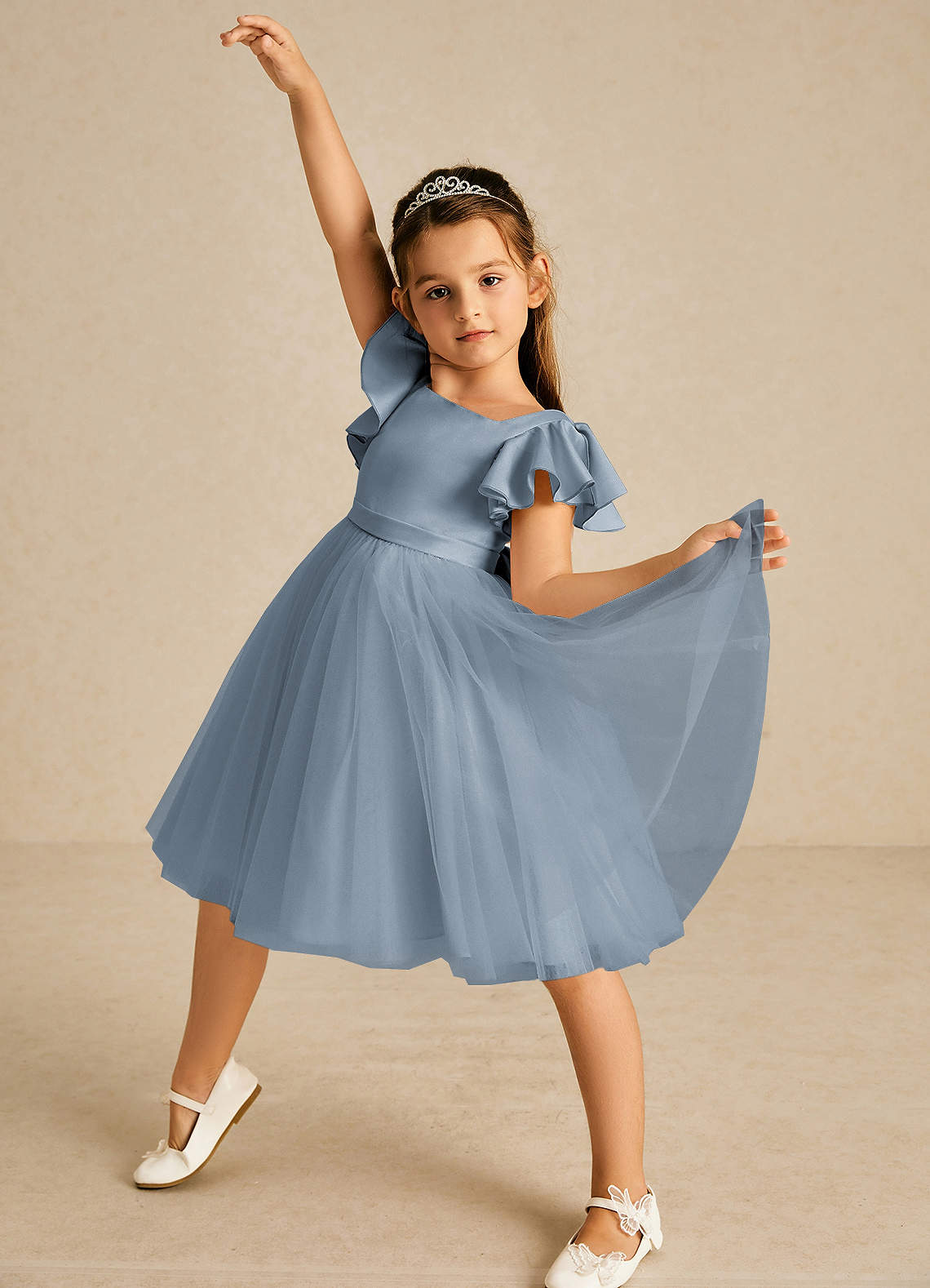 Azazie Kaeya Flower Girl Dresses Dusty Blue A-Line Bow Tulle Dress image1