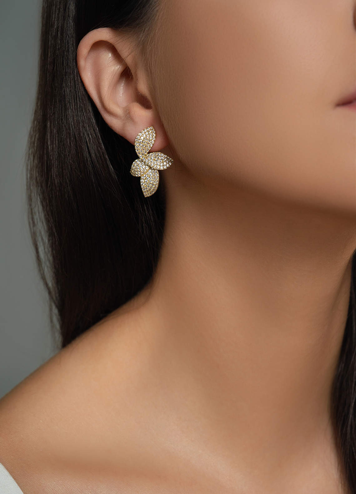 front Shiny Diamond Leaf Earrings
