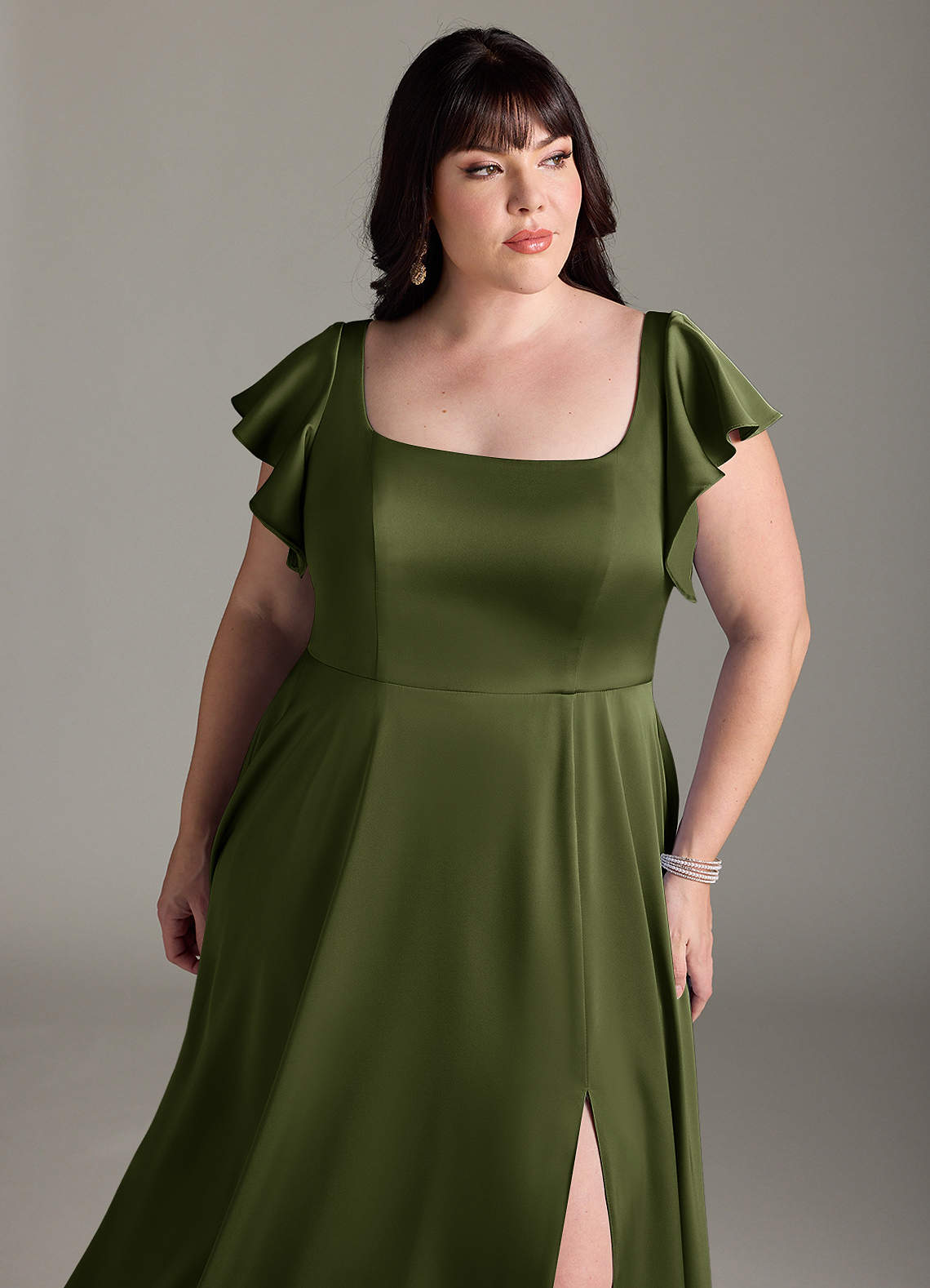 Azazie Bondi Bridesmaid Dresses Olive A-Line Bow Stretch Satin Dress image10