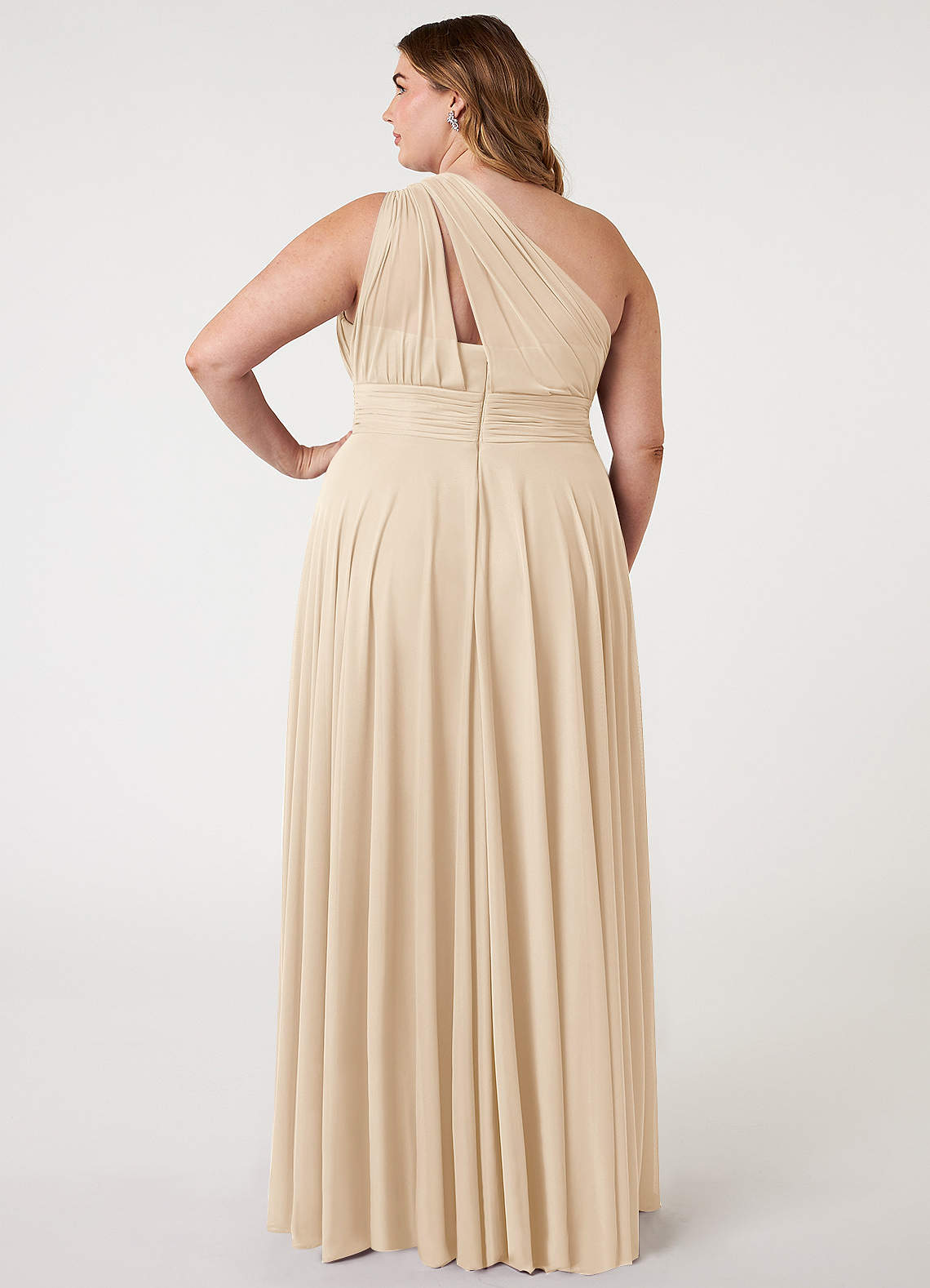 Azazie Charlize Bridesmaid Dresses Champagne A-Line One Shoulder Mesh Dress image6