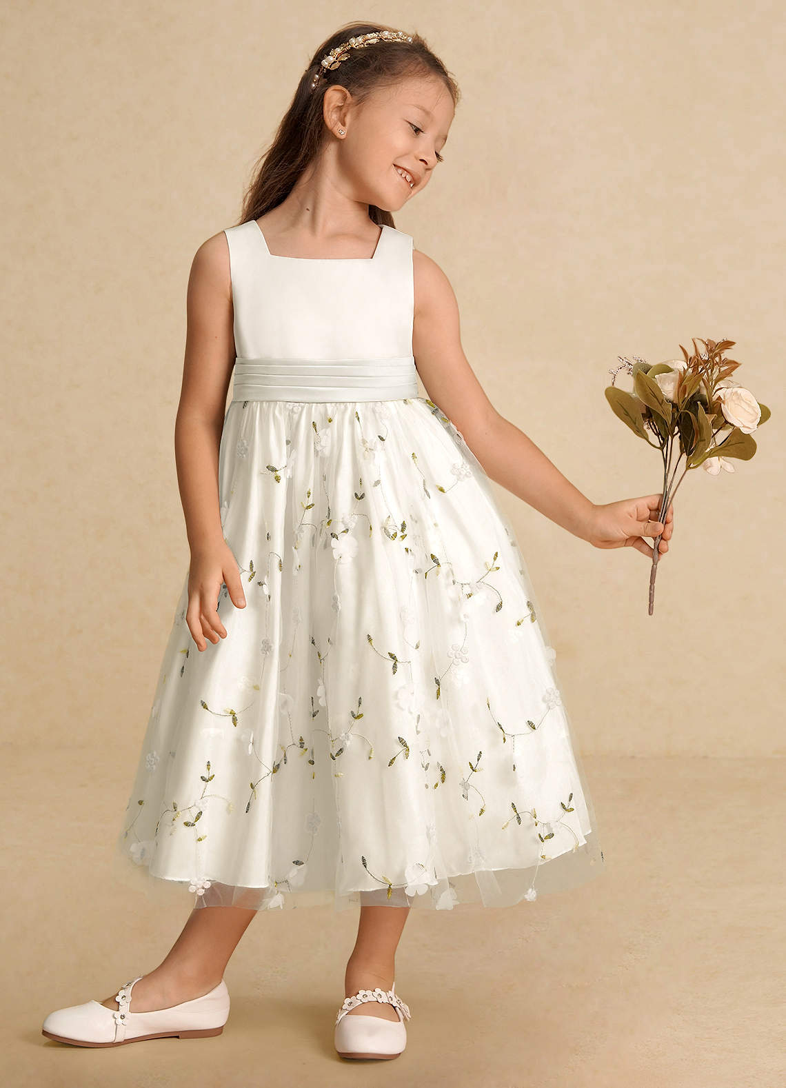 Azazie Pollie Flower Girl Dresses Ivory A-Line Bow Tulle Dress image1