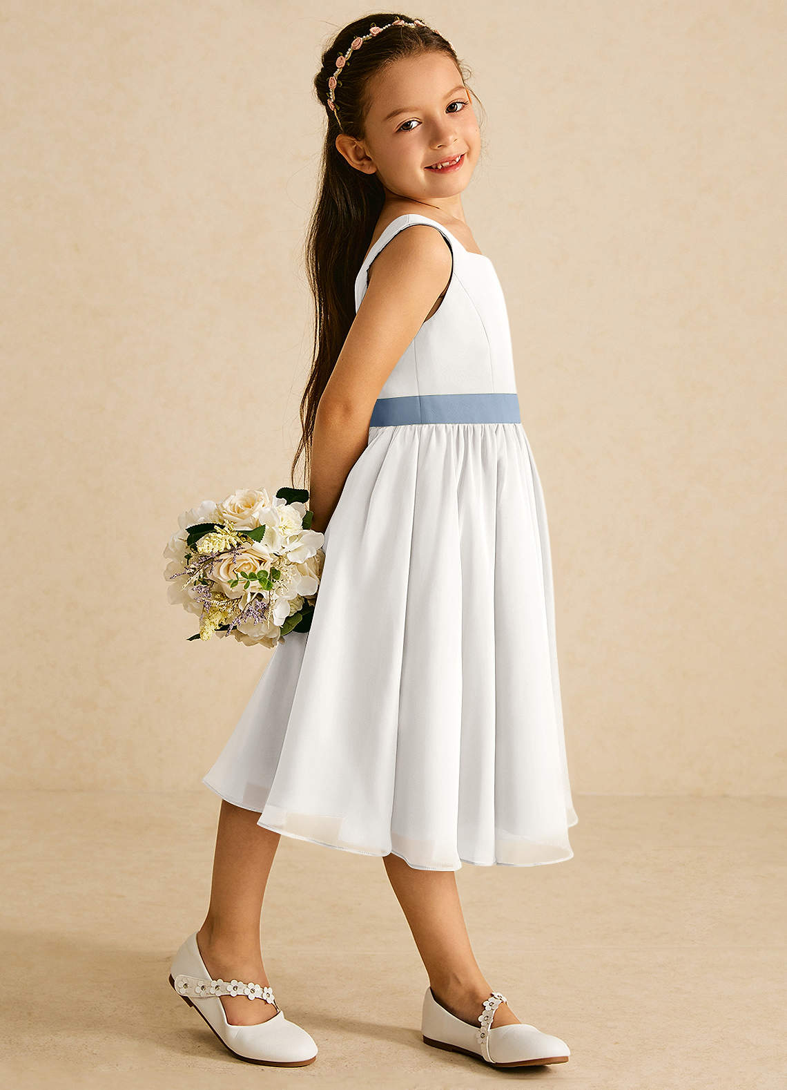 Azazie Elina Flower Girl Dresses Ivory Dusty Blue A-Line Sleeveless Chiffon Dress image2
