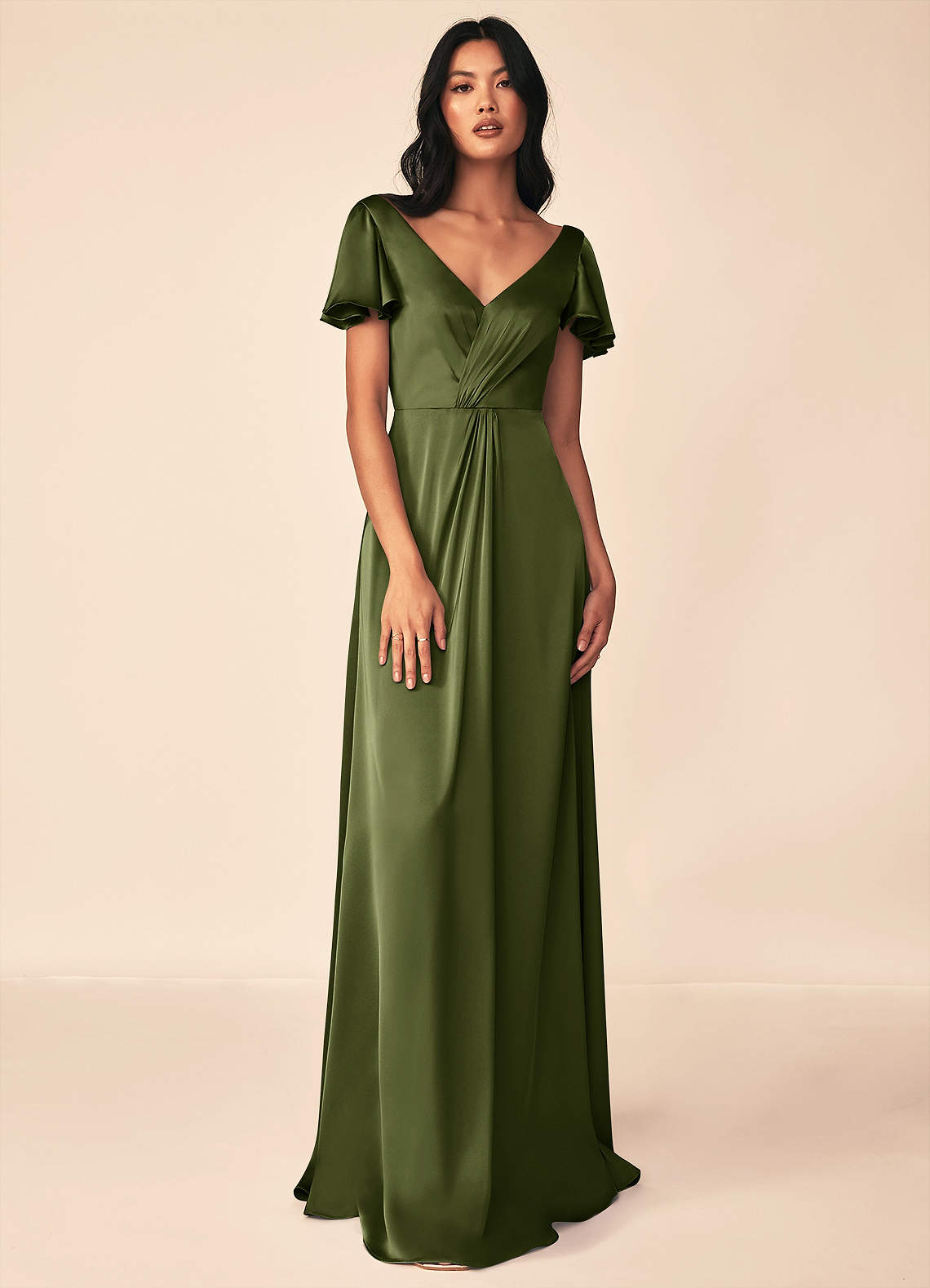 Azazie Soren Bridesmaid Dresses Olive A-Line Pleated Stretch Satin Dress image1