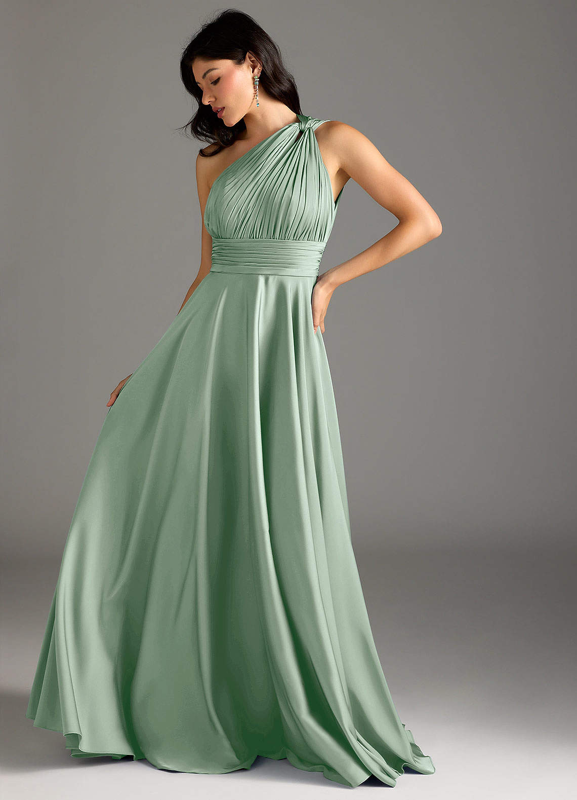 Azazie Charlize At-home Try On Dresses Agave A-Line One Shoulder Stretch Satin Dress image4